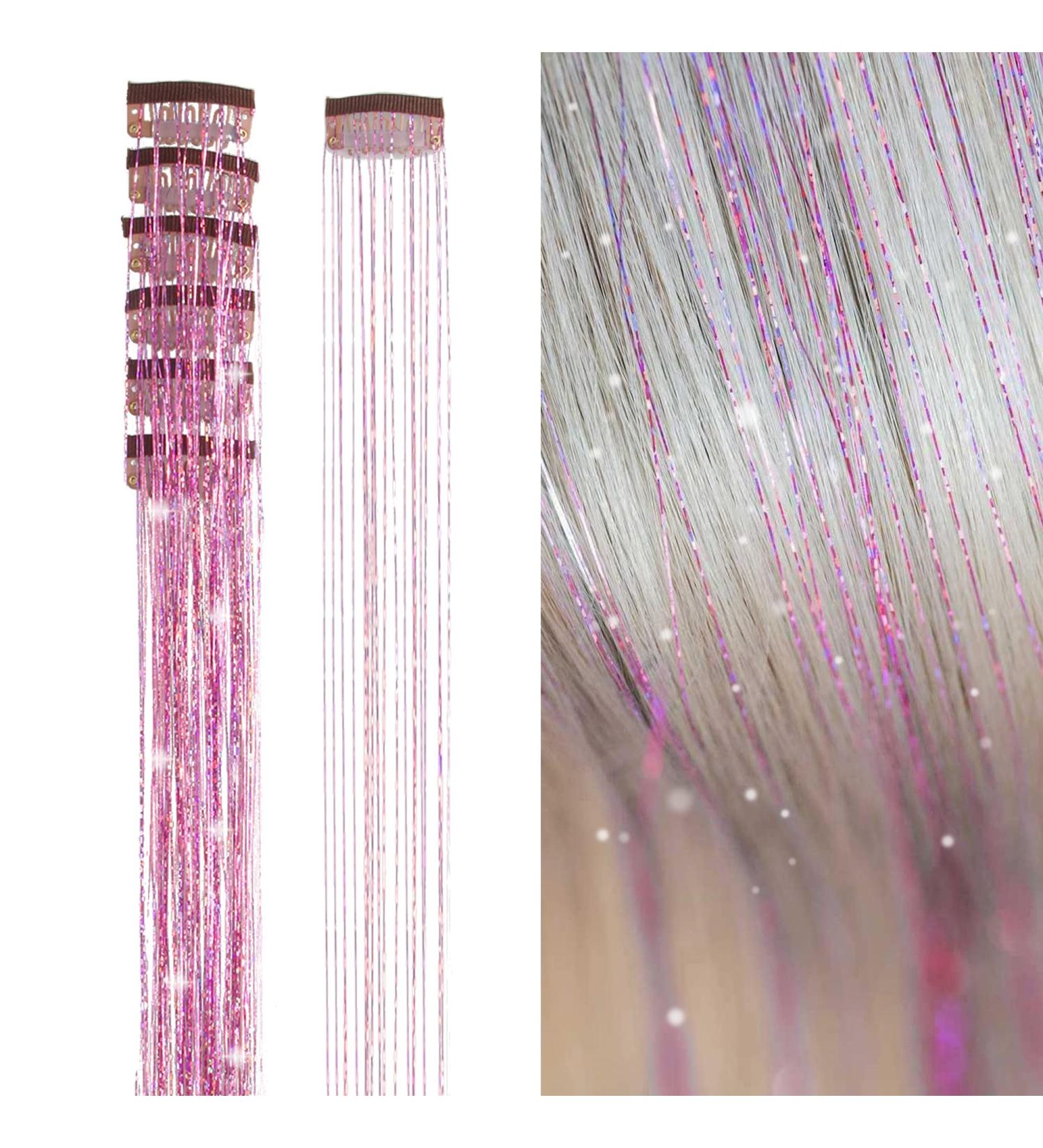 SEPTBEAM Pink Hair Tinsel Clip in Extensions - 20.5 Inch, 6pcs Pack - Synthetic Highlights for Party, Christmas, New Year, Halloween - Multi-Color Hair Extensions - Cosplay Essential - Buy Online on GoSupps.com