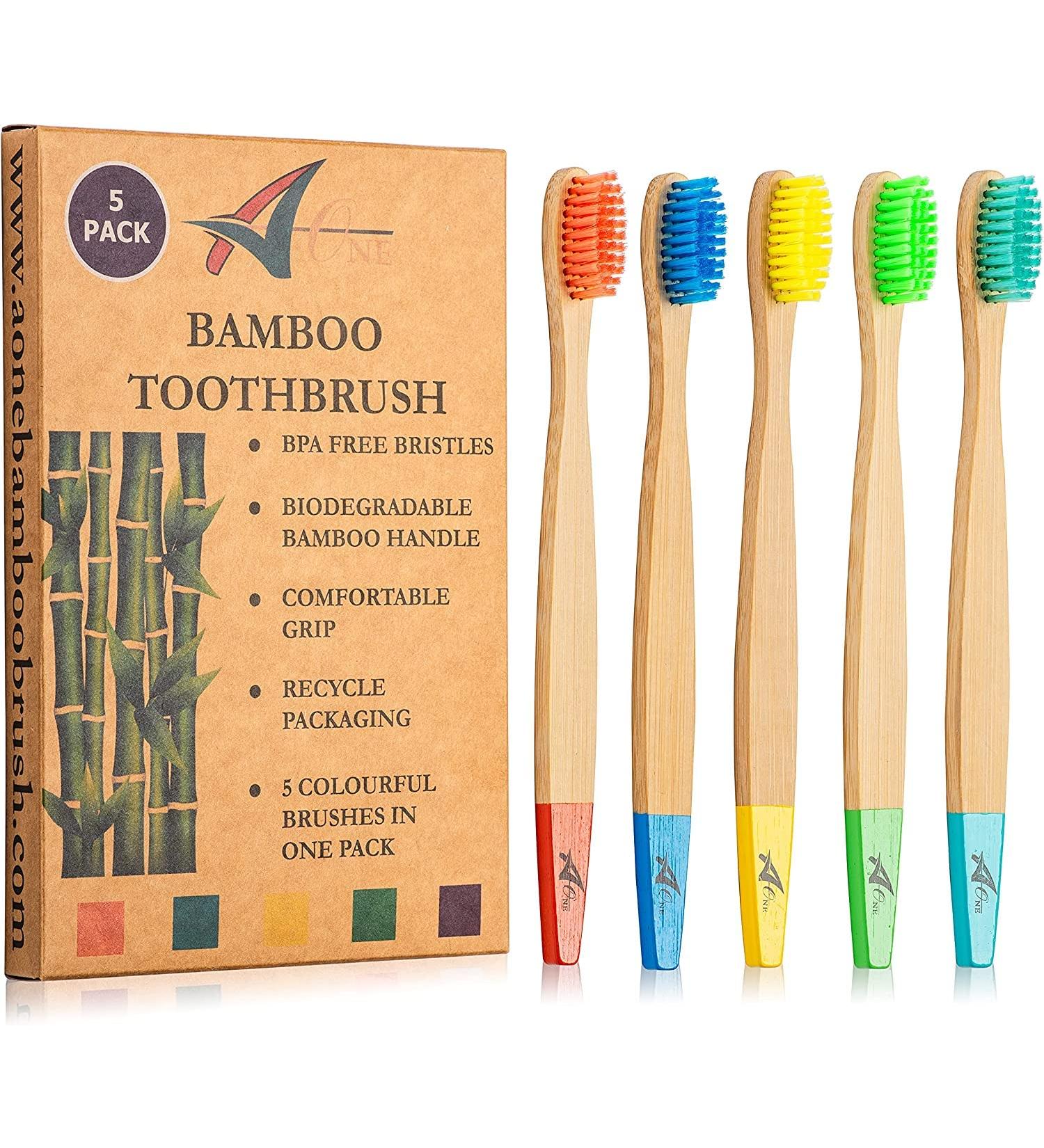 Bamboo Toothbrushes for Adults - BPA-Free Biodegradable Eco-Friendly Family Pack (5 Rainbow Colors) - Plastic-Free Packaging - Buy Online on GoSupps.com