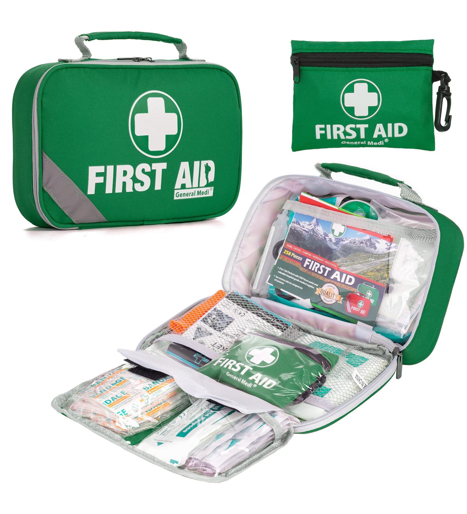 General Medi 2-in-1 First Aid Set - 215-Piece Premium Kit with 43-Piece Mini Set for Home Car Travel Sports & Emergency - Green - Buy Online on GoSupps.com