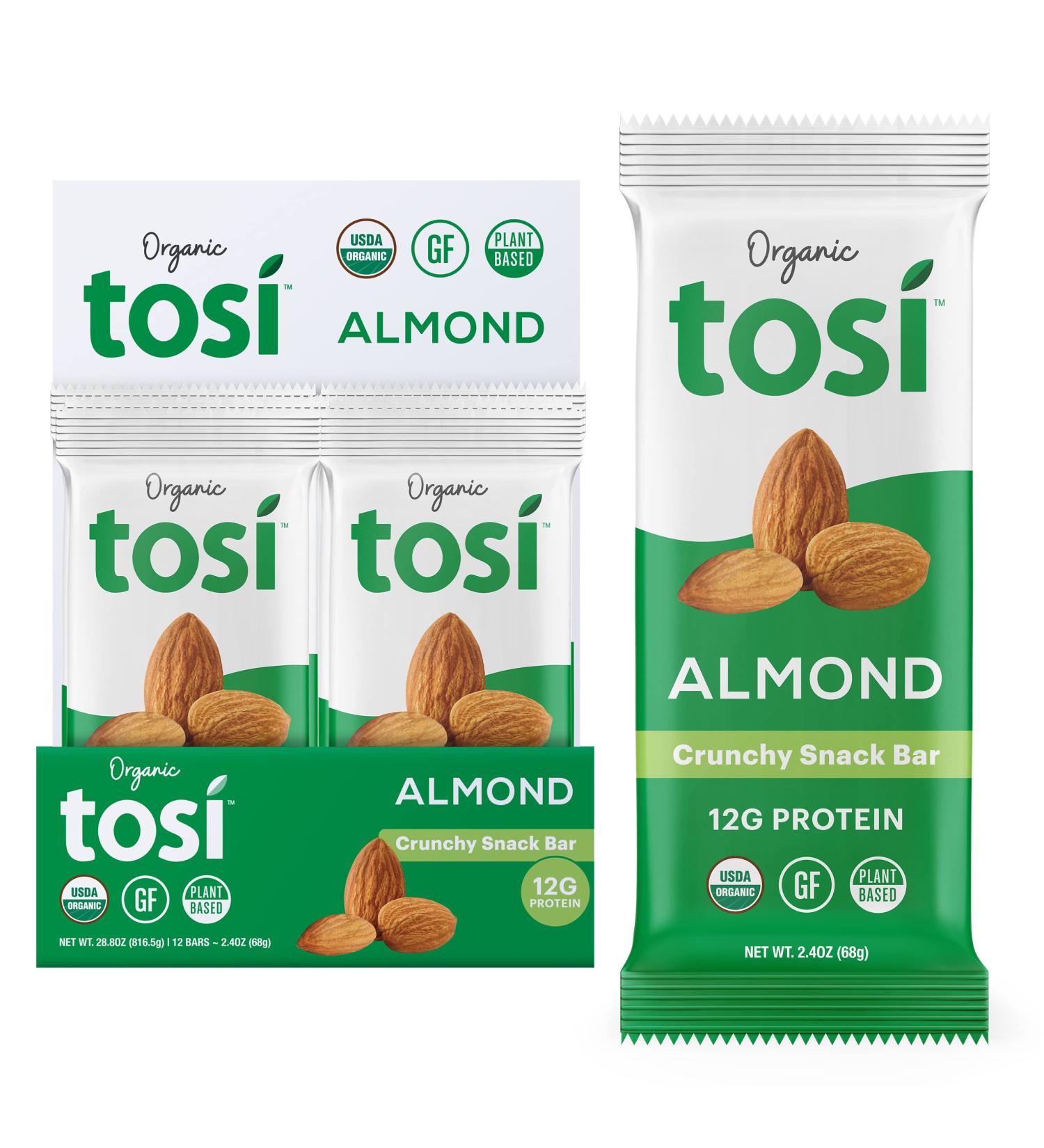 Tosi Organic SuperBites Vegan Snacks 2.4oz (Pack of 12) Gluten-Free Plant Protein Bars with Omega 3s, Flax, and Chia Seeds - Almond Flavor - Buy Online on GoSupps.com
