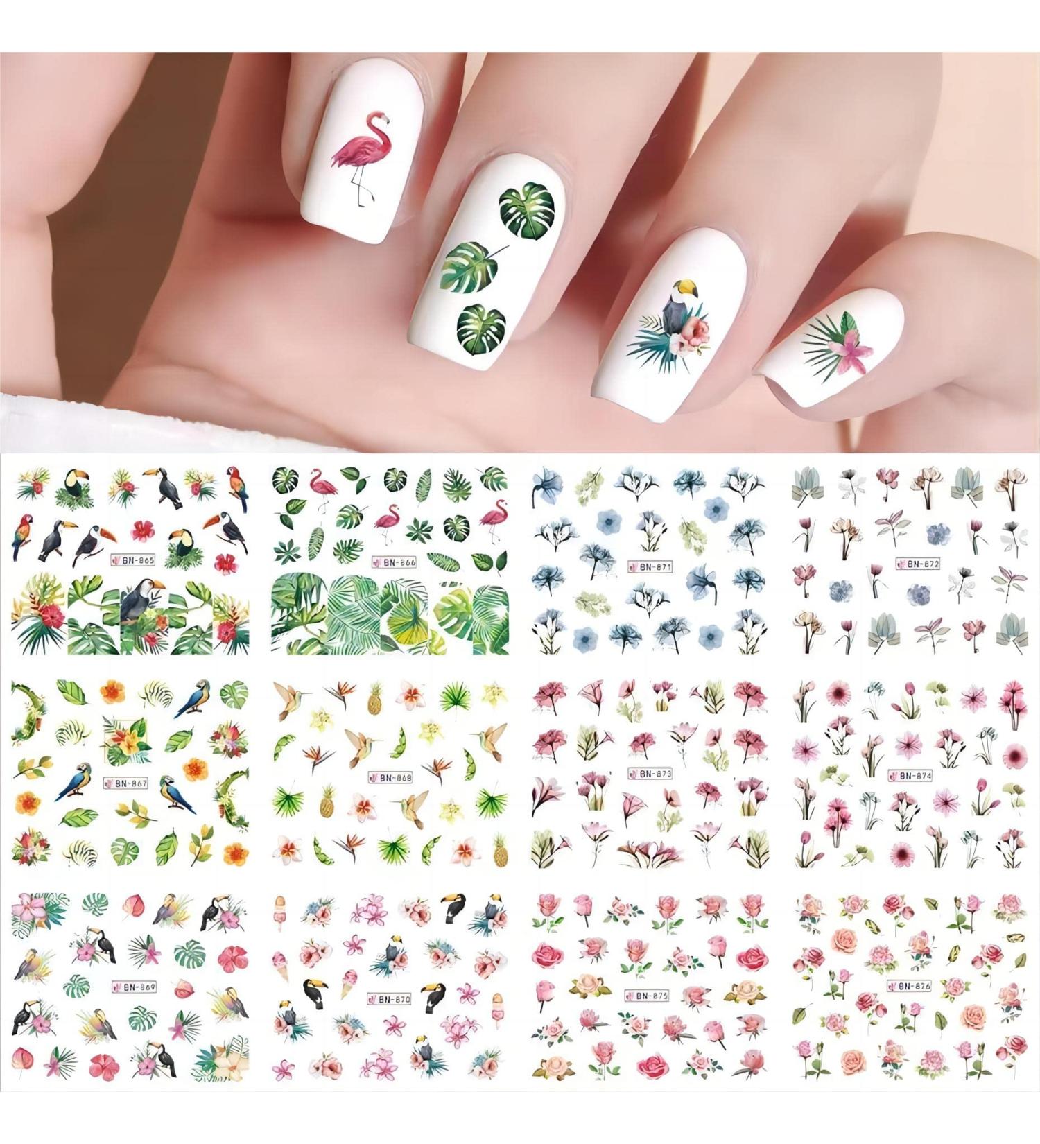 12 Sheets Nail Stickers for Flowers Leaves Plants Birds Nail Stickers Self-Adhesive Colorful Flower Nail Stickers Nails Supplies Decorations for Women Girls - Buy Online on GoSupps.com