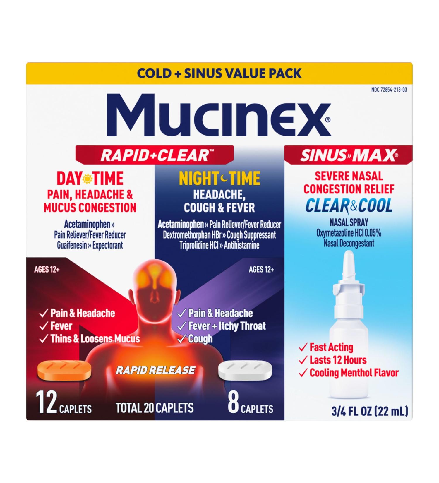 Mucinex Rapid+Clear Maximum Strength Day & Night Cold and Flu Medicine for Adults (20 caplets) + Sinus Pressure Relief Nasal Spray (0.75 oz) Over-The-Counter Medication Combo Pack for Symptom Relief - Buy Online on GoSupps.com