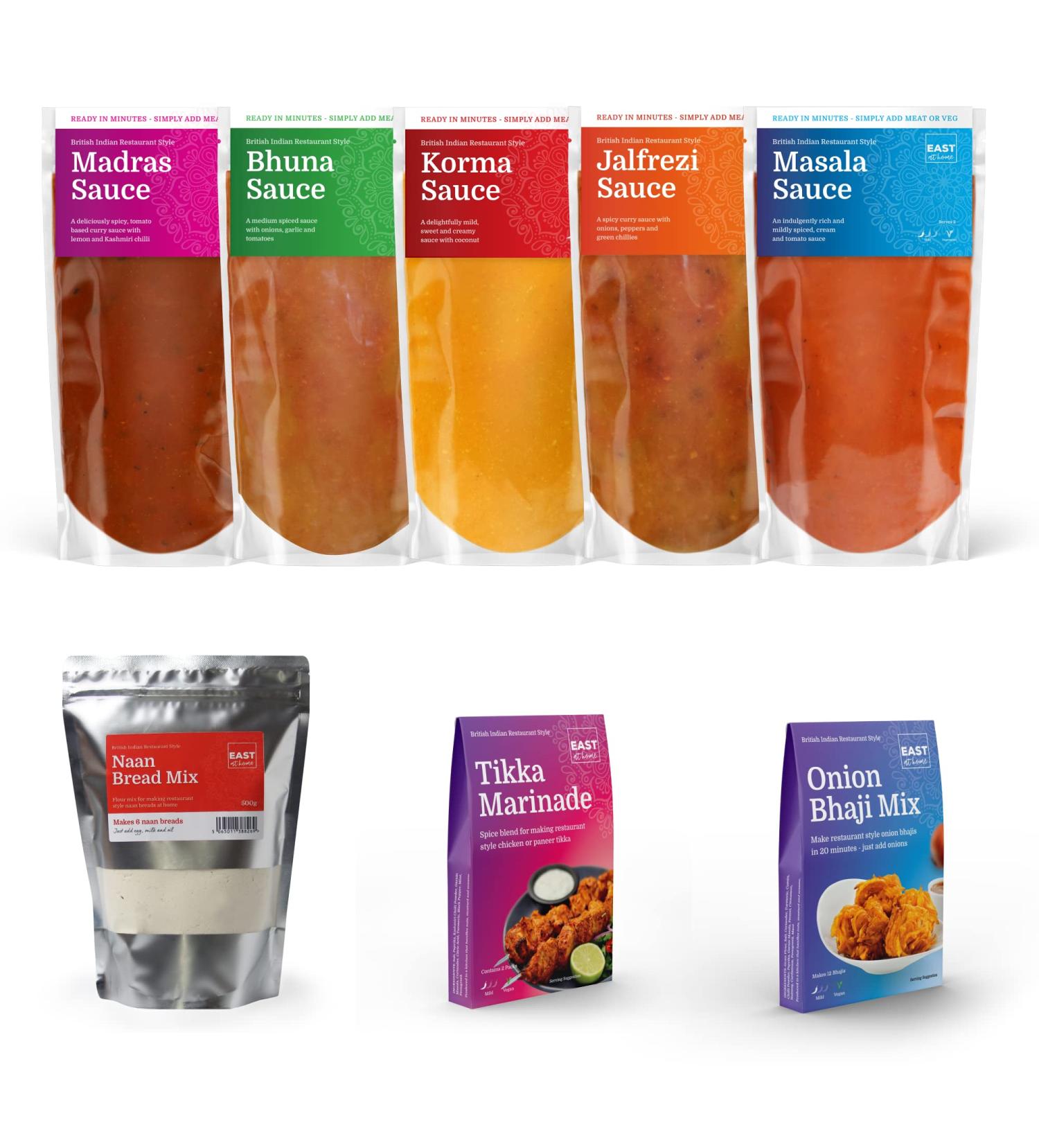 Curry Feast at Home Bundle | 5 Popular Curry Sauces 2 Starter Mixes and Naan Bread Mix | Perfect for Making a Quick & Easy Curry Feast at Home | East At Home - Buy Online on GoSupps.com