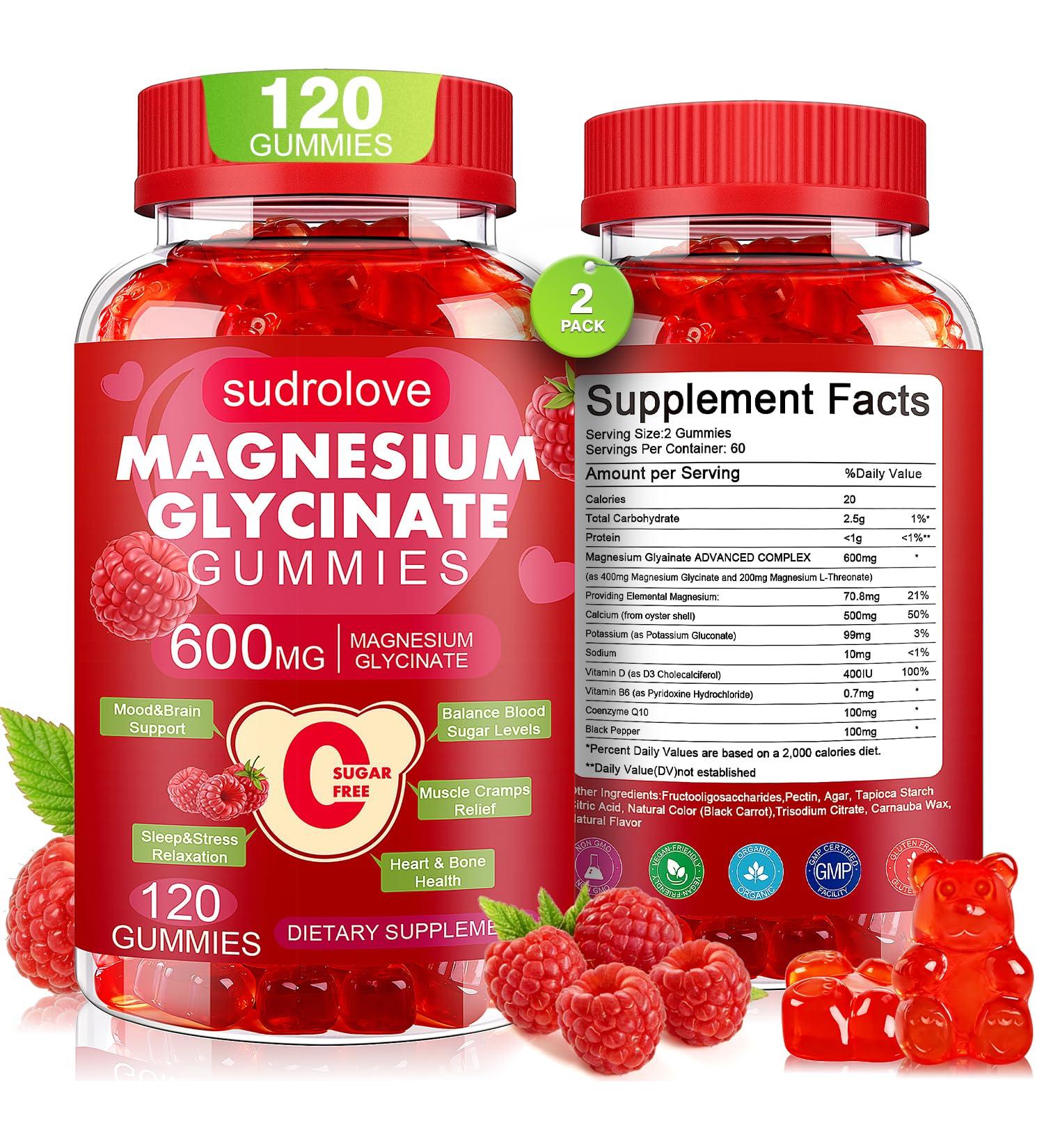 Magnesium Glycinate Gummies 600mg- Sugar Free Mg Potassium Supplement with Magnesium Glycinate, Vitamin D, B6 and CoQ10 for Calm Support & Sleep for Adults, 60 Days Supply ((Pack of 2), Raspberry) Raspberry 120 Count (Pack  - Buy Online on GoSupps.com