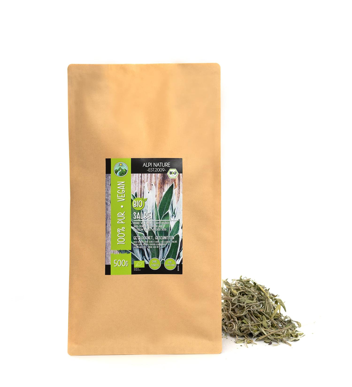  Alpi Nature Organic sage herbal tea (500g) cut organic sage leaves sage leaves from controlled organic farming delicately dried 100% pure and natural - Buy Online on GoSupps.com