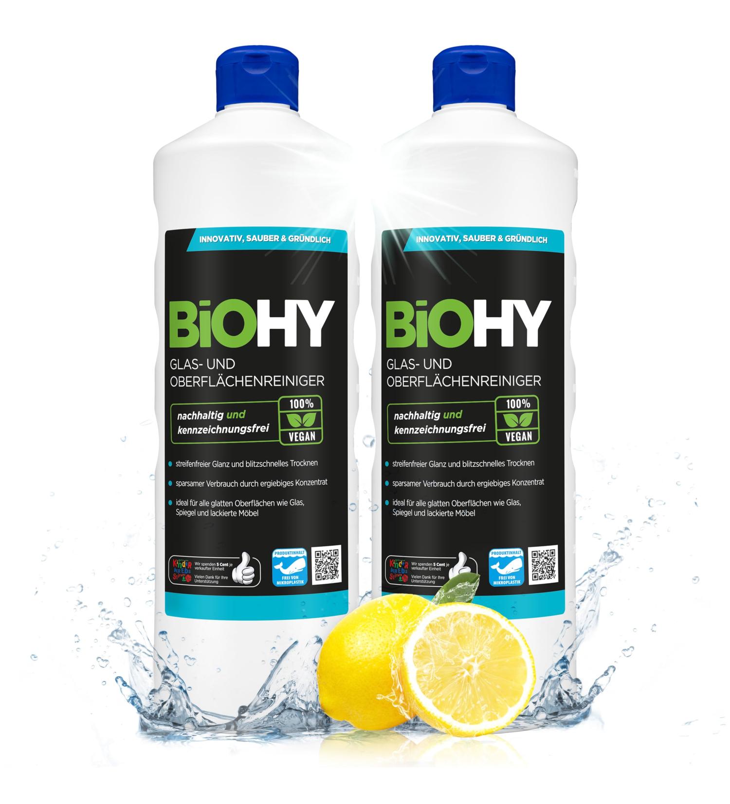 Biohy Glass & Surface Cleaner (2 x 1L) | Streak-Free Shine | Effective Plastic Cleaner | Fat & Lime Remover | Ideal for Windows & Kitchen - Buy Online on GoSupps.com