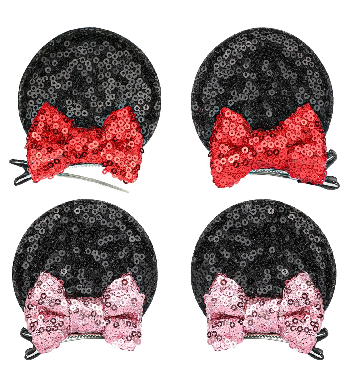 Mickey Mouse Ears Minnie Sequin Hair Clips - Set of 4 | Hair Accessories for Women, Girls, Kids | Pink Red | Mommy approved! - Buy Online on GoSupps.com