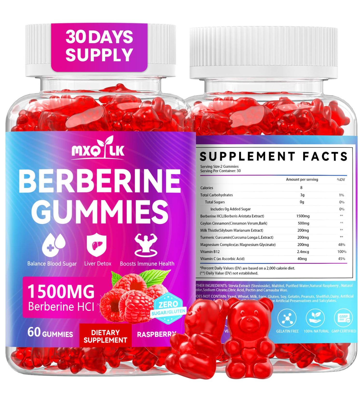 2 Pack Berberine Gummies 1500mg High Potency Berberine Supplement with Ceylon Cinnamon and Milk Thistle Supports Glucose Metabolism & Natural Liver Function Vegan Sugar-Free Non-GMO 60 Count - Buy Online on GoSupps.com