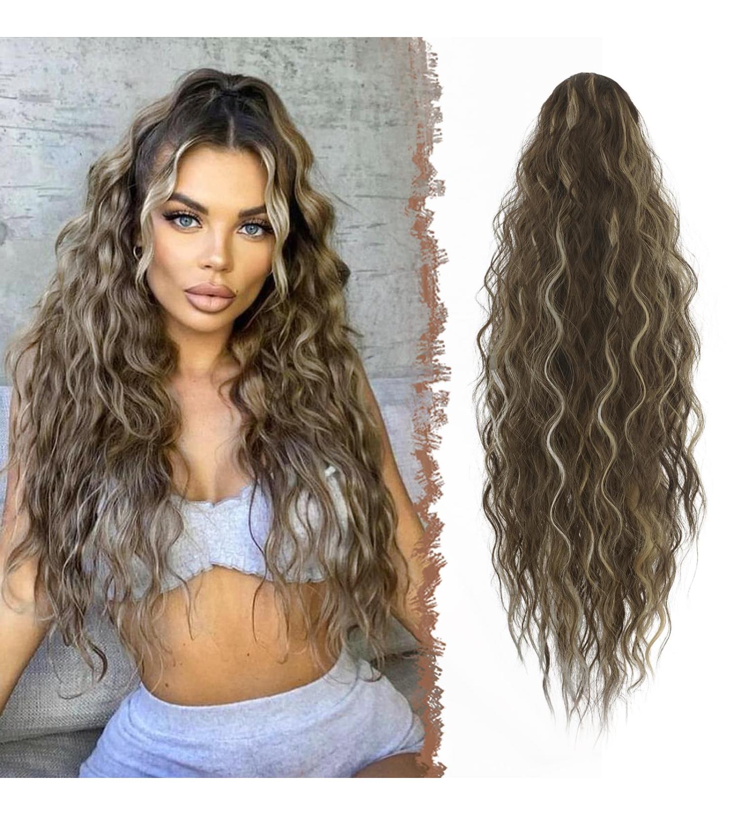 65 cm Fine Long Braid Ponytail Extension - Wavy Curly Chestnut Brown & Ash Blonde - Natural Clip-In Art Hair - Buy Online on GoSupps.com