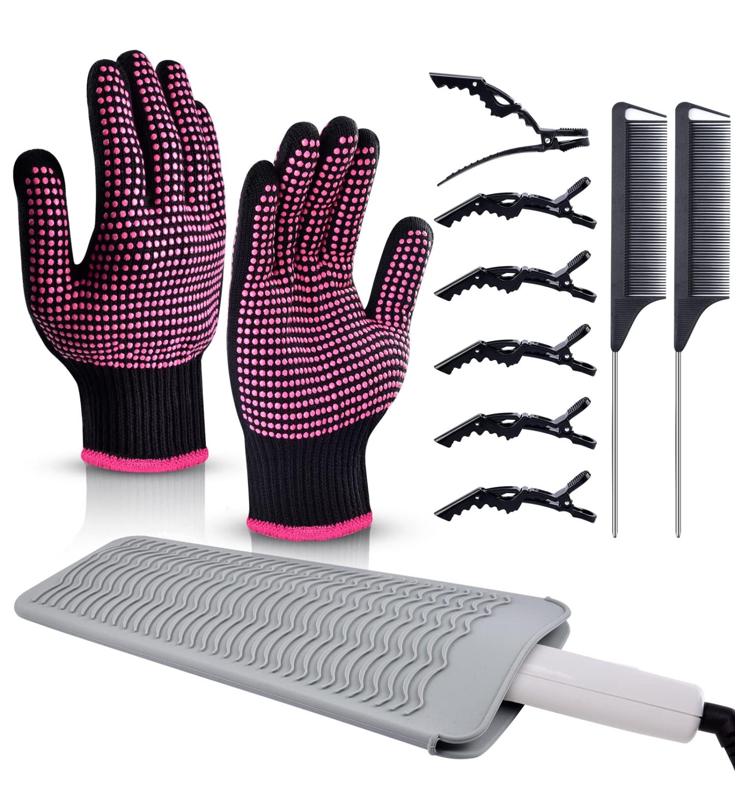 Heat Gloves for Hair Styling  MORGLES 2Pcs Professional Heat Resistant Gloves Silicone Heat Mat 6pcs Hair Clips and 2pcs Styling Comb for for Curling Iron Wands Flat Iron - Buy Online on GoSupps.com