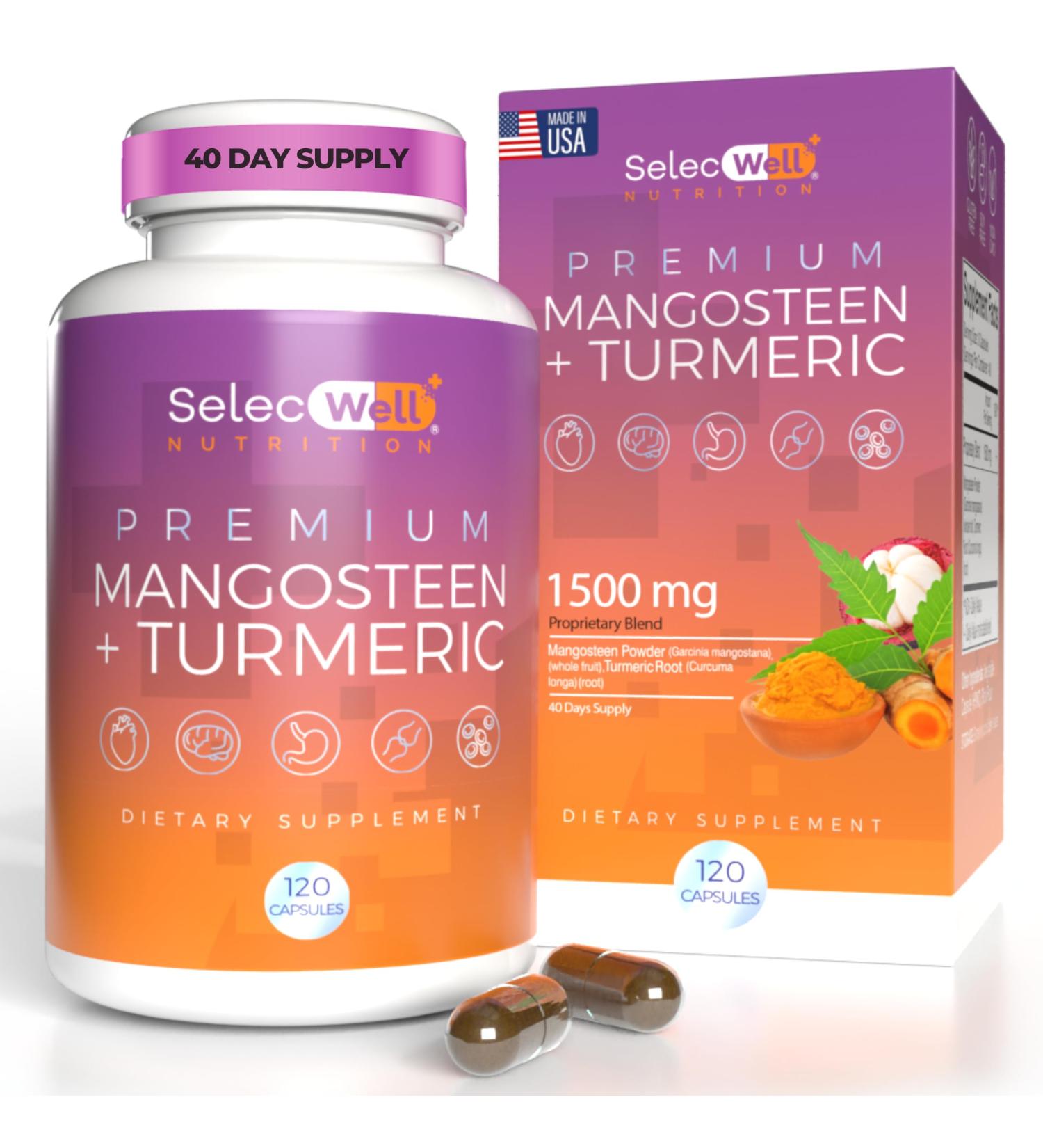 SelecWell Mangosteen + Turmeric Capsules | Joint & Digestion Support | Formulated for Wellness Includes Natural Ingredients | 120 Vegetarian Capsules 1500mg per Serving - Buy Online on GoSupps.com
