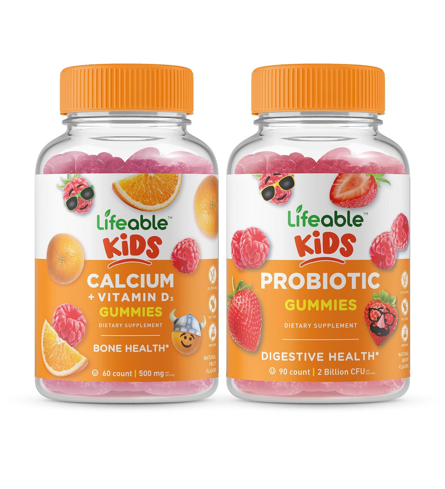 Lifeable Calcium with Vitamin D Kids + Probiotic 2 Billion CFU Kids Gummies Bundle - Great Tasting Vitamin Supplement Gluten Free GMO Free Chewable Gummy