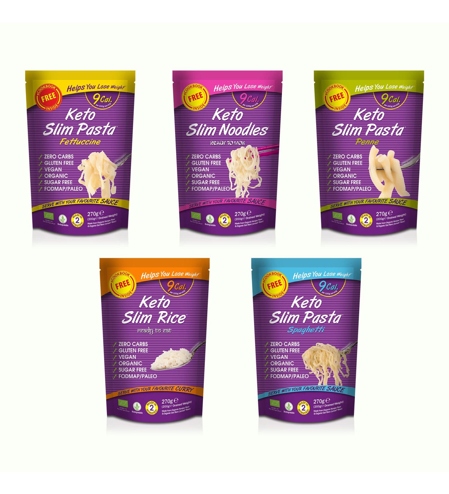 Eat Water Slim Noodles Fettucine Penne Shirataki Spaghetti & Rice 270g (1 of Each) - Buy Online on GoSupps.com