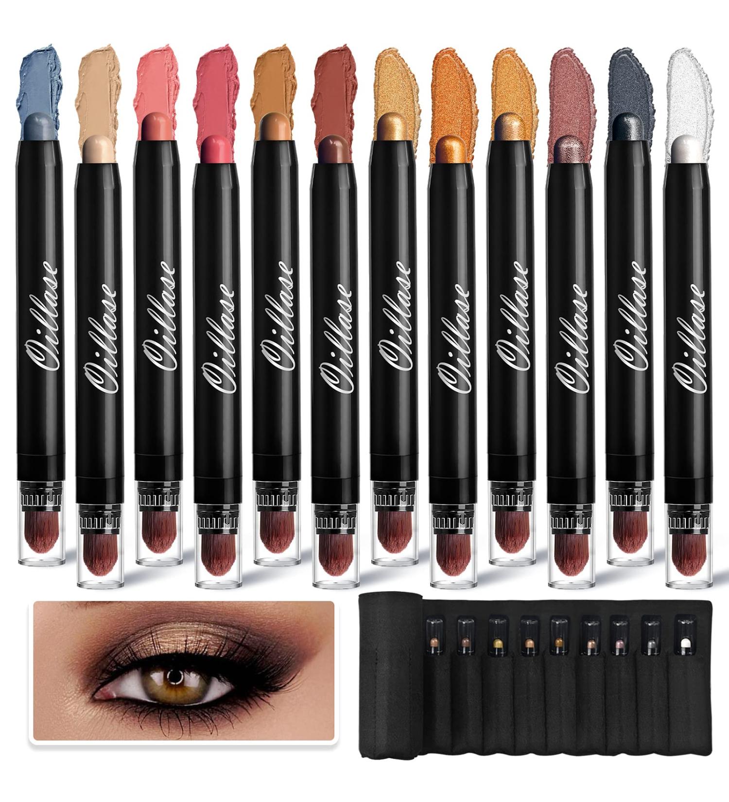 12 PCS Waterproof Glitter Eyeshadow Stick Set with Primer - Smudge Proof Shimmer and Matte Eye Makeup Crayon - Cream Eyeshadow Pen with Soft Brush - Buy Online on GoSupps.com