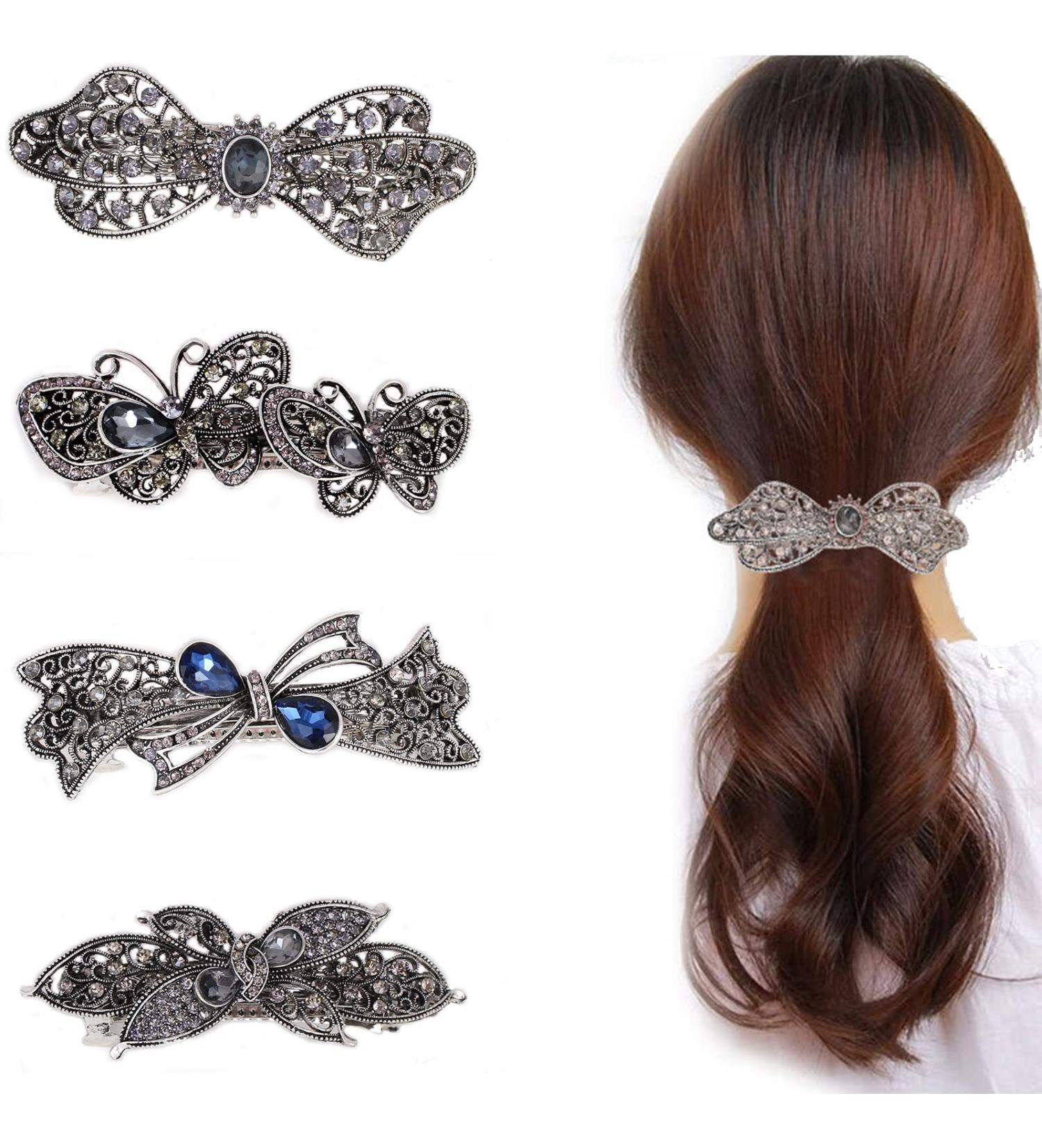 Vintage French Crystal Butterfly Hair Clips - Blue Rhinestone Hairpins Set (4 Pieces) | Bridal Jewelry & Flower Combs - Buy Online on GoSupps.com