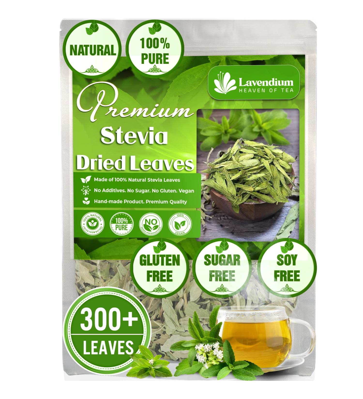 Lavendium 300+ Natural Stevia Leaves Whole Dried Leaves 100% Pure Stevia Dried Leaves Stevia Leaf Tea Zero Calorie Sweetener No Additives No Caffeine Vegan - Buy Online on GoSupps.com