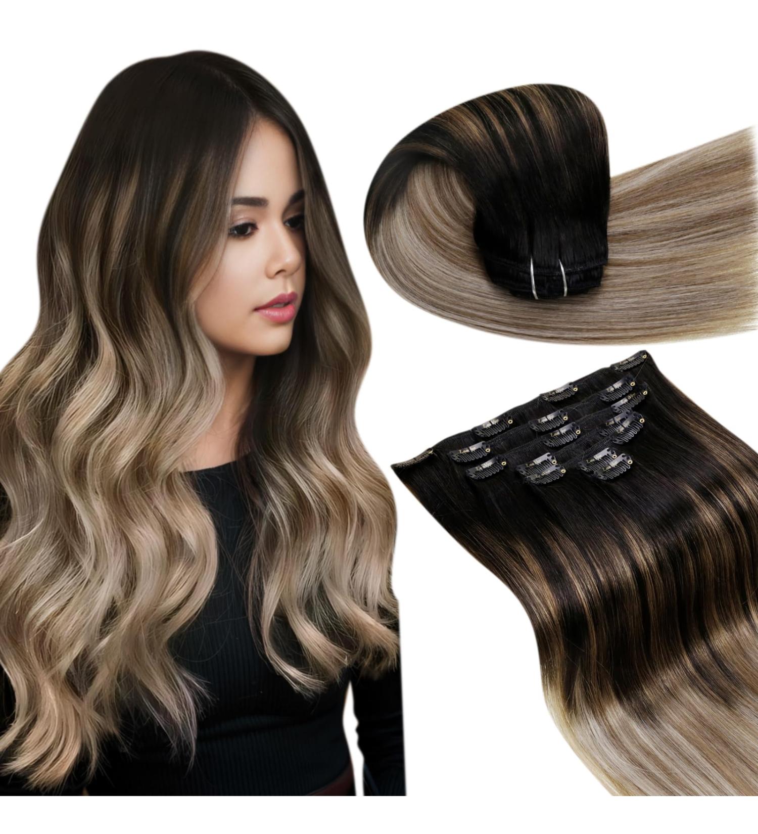 LAAVOO Ombre Clip-in Hair Extensions - Remy Human Hair 40cm 7PCs #1B/8/22 - Brown to Blond - International Shipping Available - Buy Online on GoSupps.com