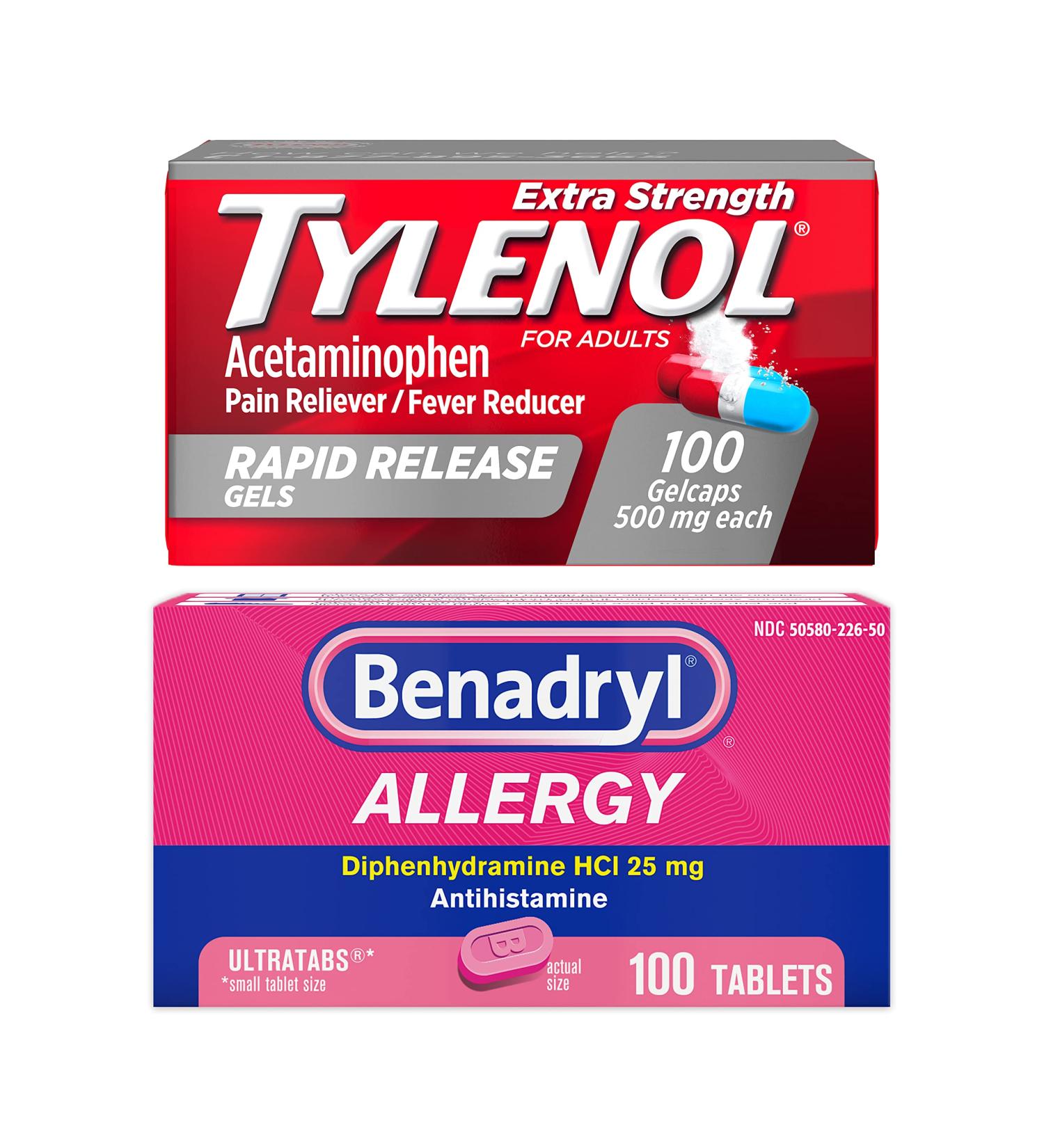 Benadryl Ultratabs Antihistamine Allergy Relief Tablets & Tylenol Extra Strength Pain Reliever Rapid Release Gels Bundle - 100ct Each - Buy Online on GoSupps.com