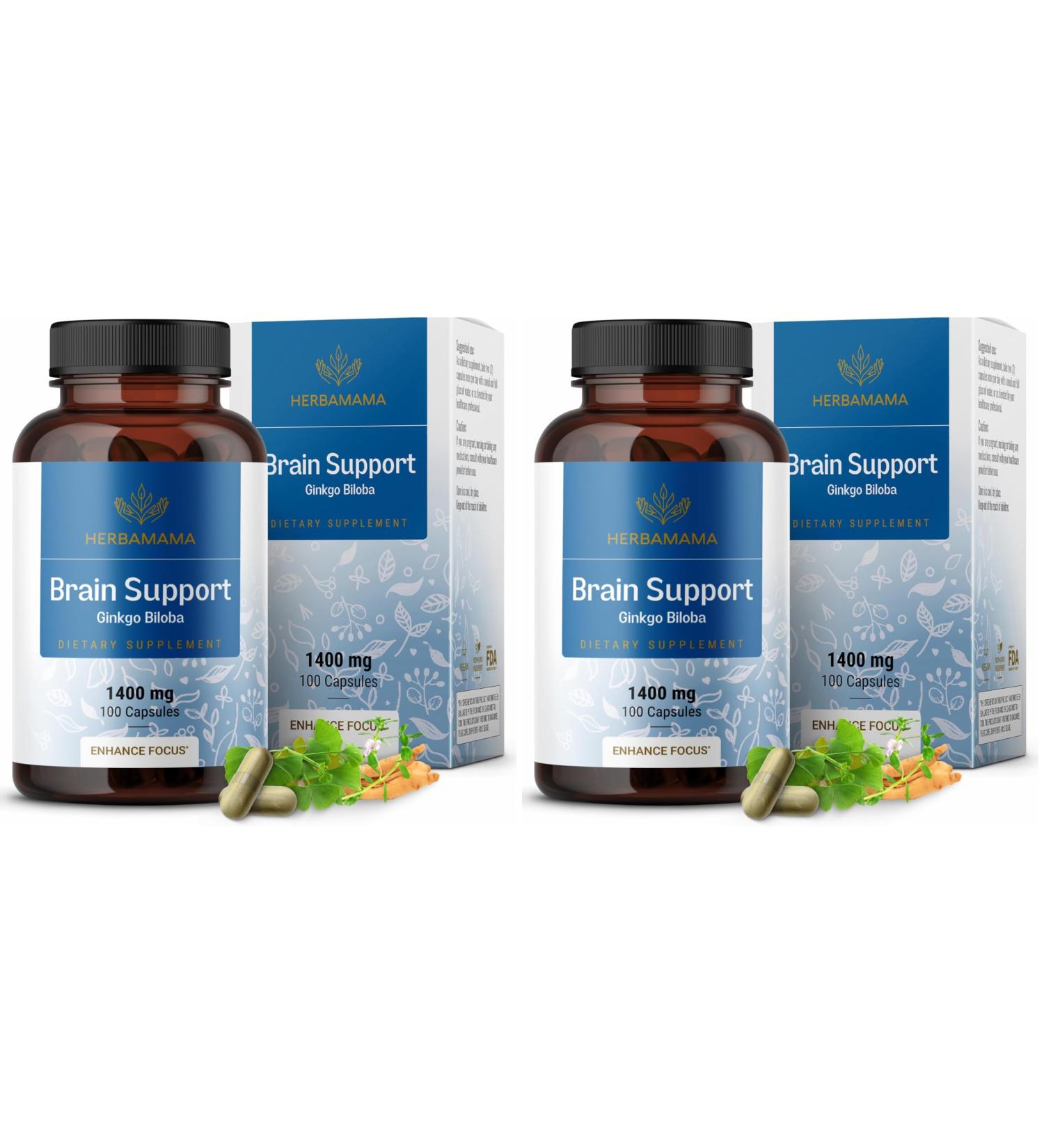 HERBAMAMA Brain Support Capsules - 1400mg Brain Support Supplement for Adults with Bacopa Panax Ginseng and Ginkgo Biloba - Vegan Non-GMO Focus Supplement 100 Caps (Pack of 2) - Buy Online on GoSupps.com