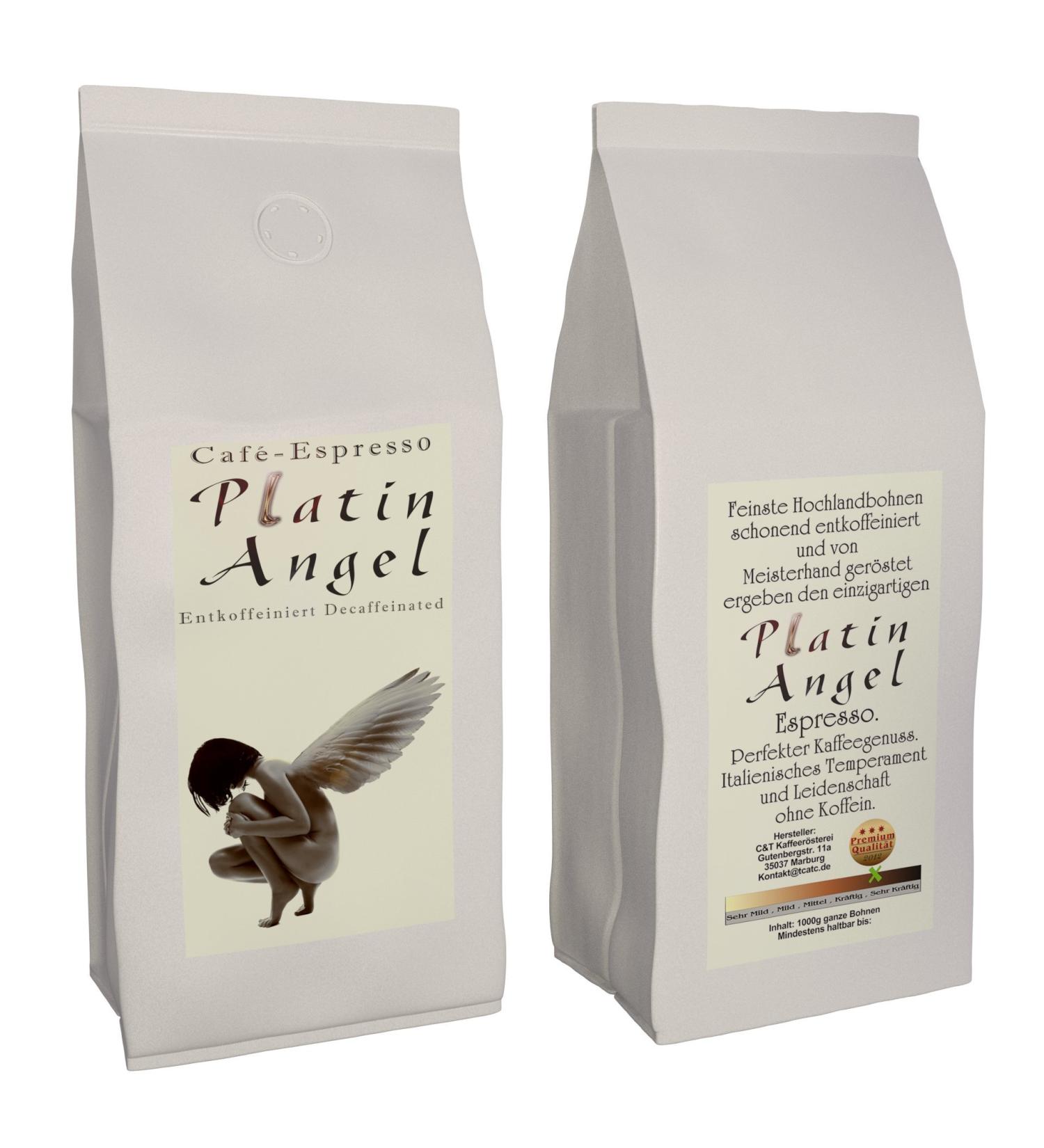 C&T "Platin Angel" Decaffeinated Espresso | 1000g Decaffeinated Coffee Beans | Decaffeinated Arabica Coffee + Spicy + Fruity + Low Acidity + Decaffeinated - Buy Online on GoSupps.com