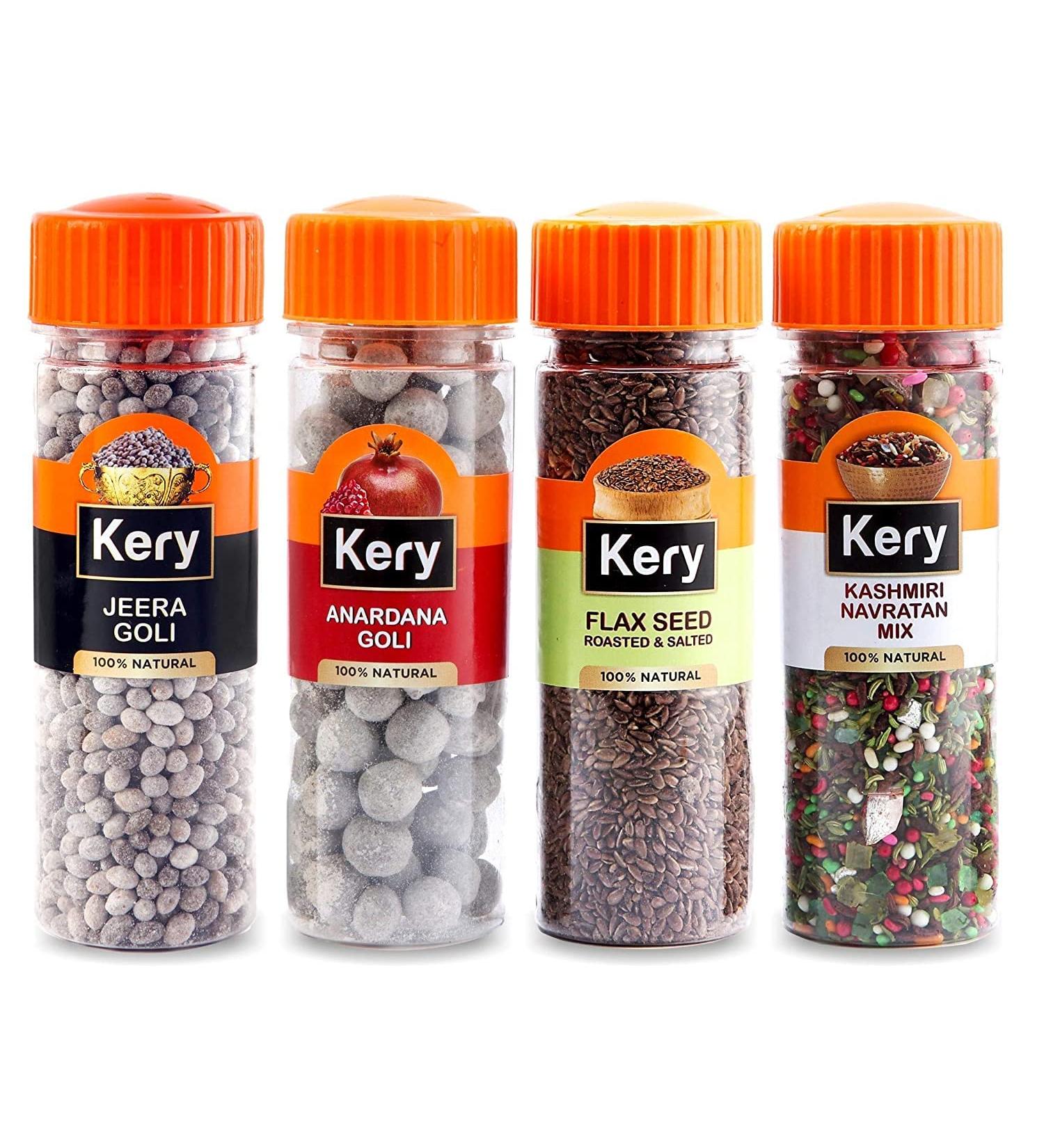 Kery Mukhwas Combo Navratan Mix Jeera Goli Anardana Flaxseed Mouth Fresheners (4 Bottles) 520g_Packing May Vary