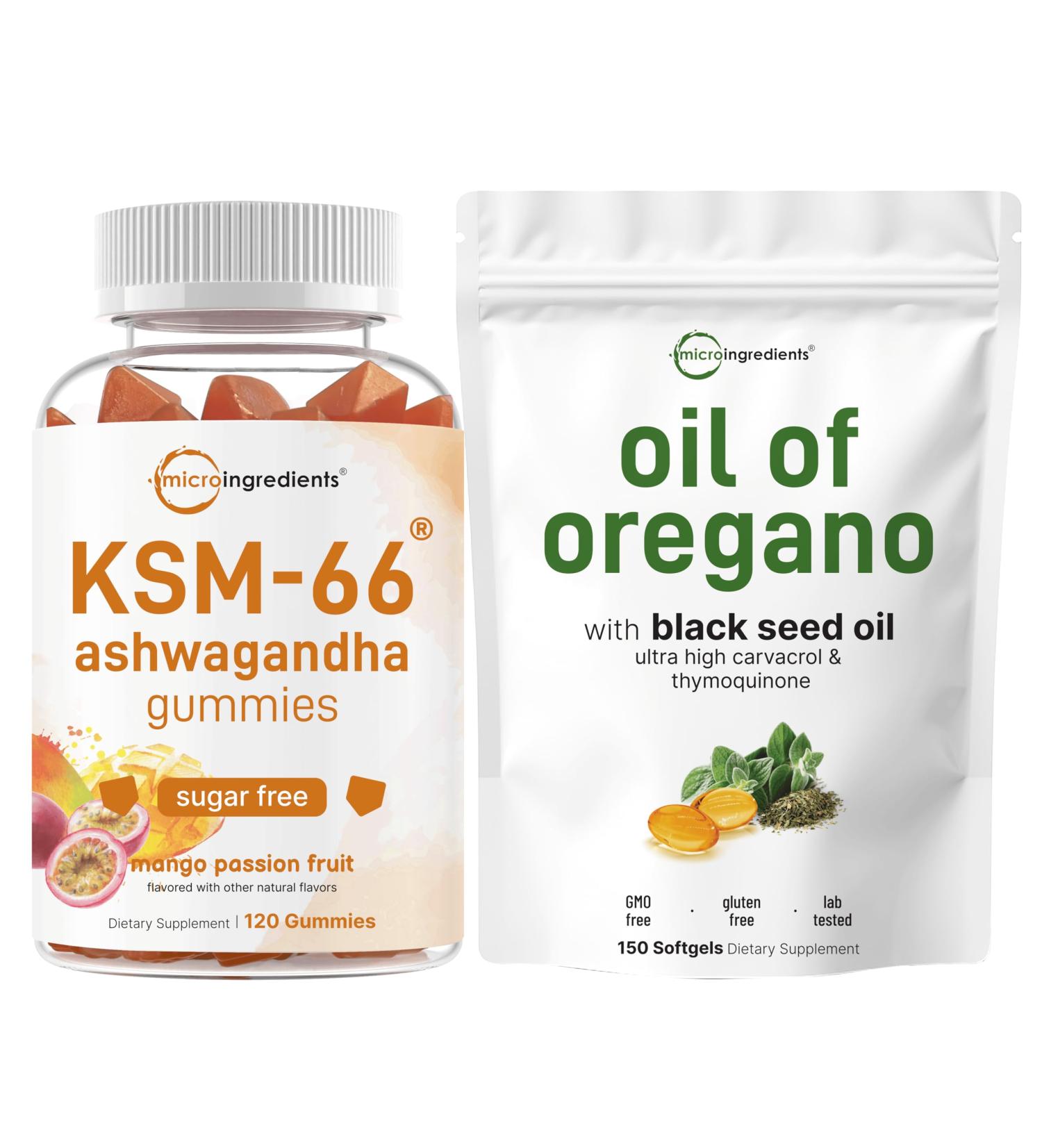 Micro Ingredients Oil of Oregano Softgels & KSM-66 Ashwagandha Gummies 300mg | 2 Pack Bundle | 4X Strength Thymoquinone & Carvacrol with Black Seed | Sugar Free Mango Passion Fruit Flavor - Buy Online on GoSupps.com