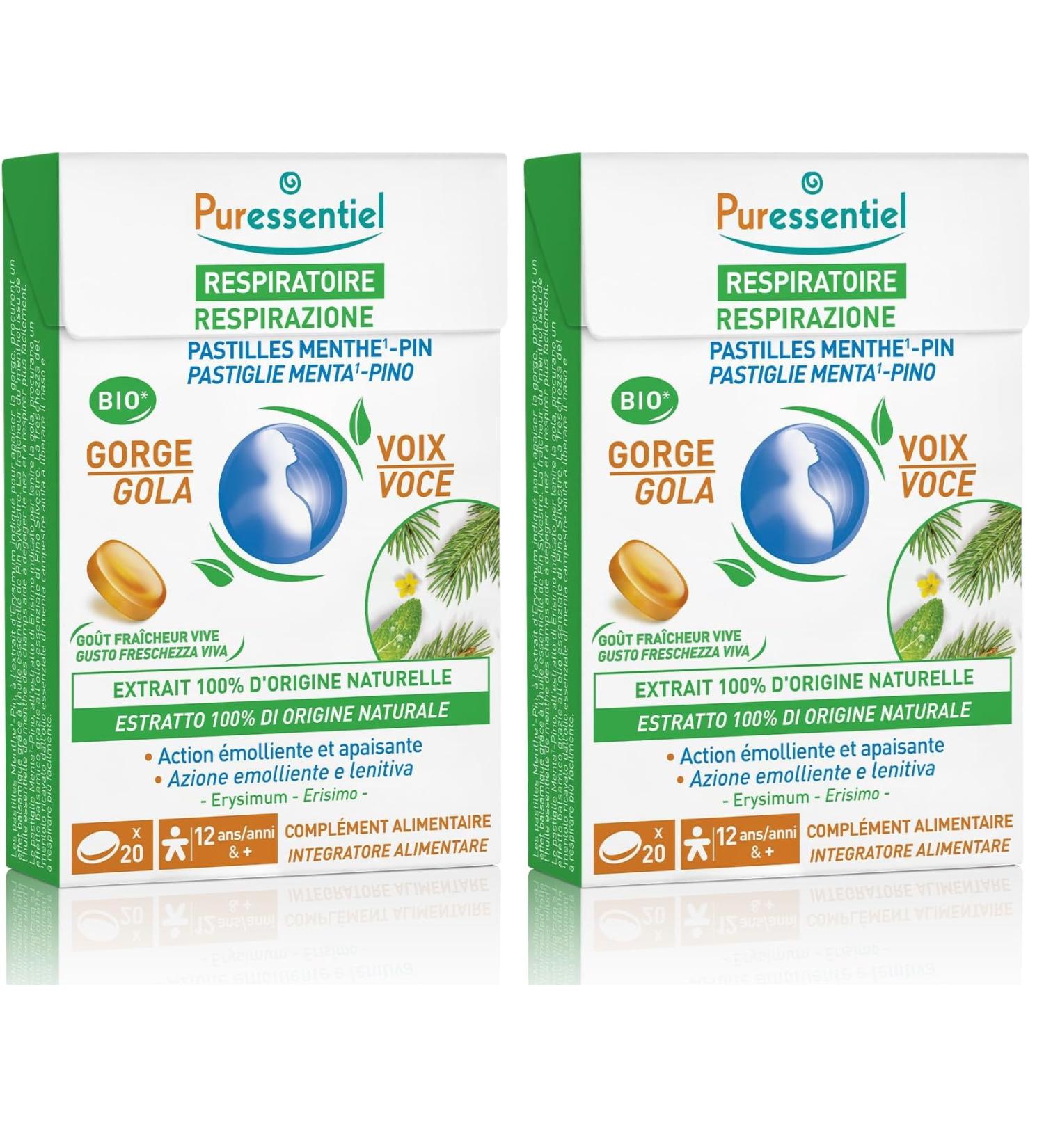 Puressentiel - Respiratoire - Pastilles Menthe Pin - A l'extrait d'Erysimum - Apaise la gorge et cordes vocales fatigu es - 20 pastilles (Lot de 2) Pack of 2 - Buy Online on GoSupps.com