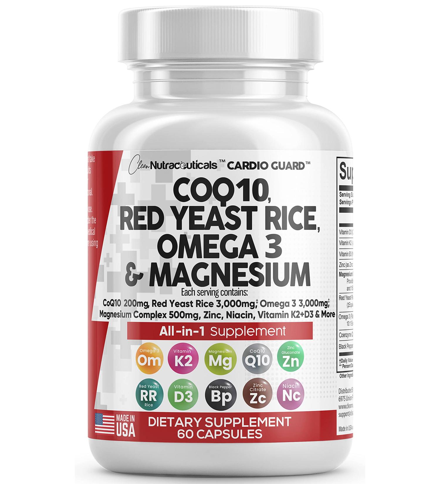 COQ10 200mg Red Yeast Rice Omega 3 Magnesium Niacin Zinc Vitamin K2 D3 - Heart Health Support - 60 Caps - Made in USA - Buy Online on GoSupps.com