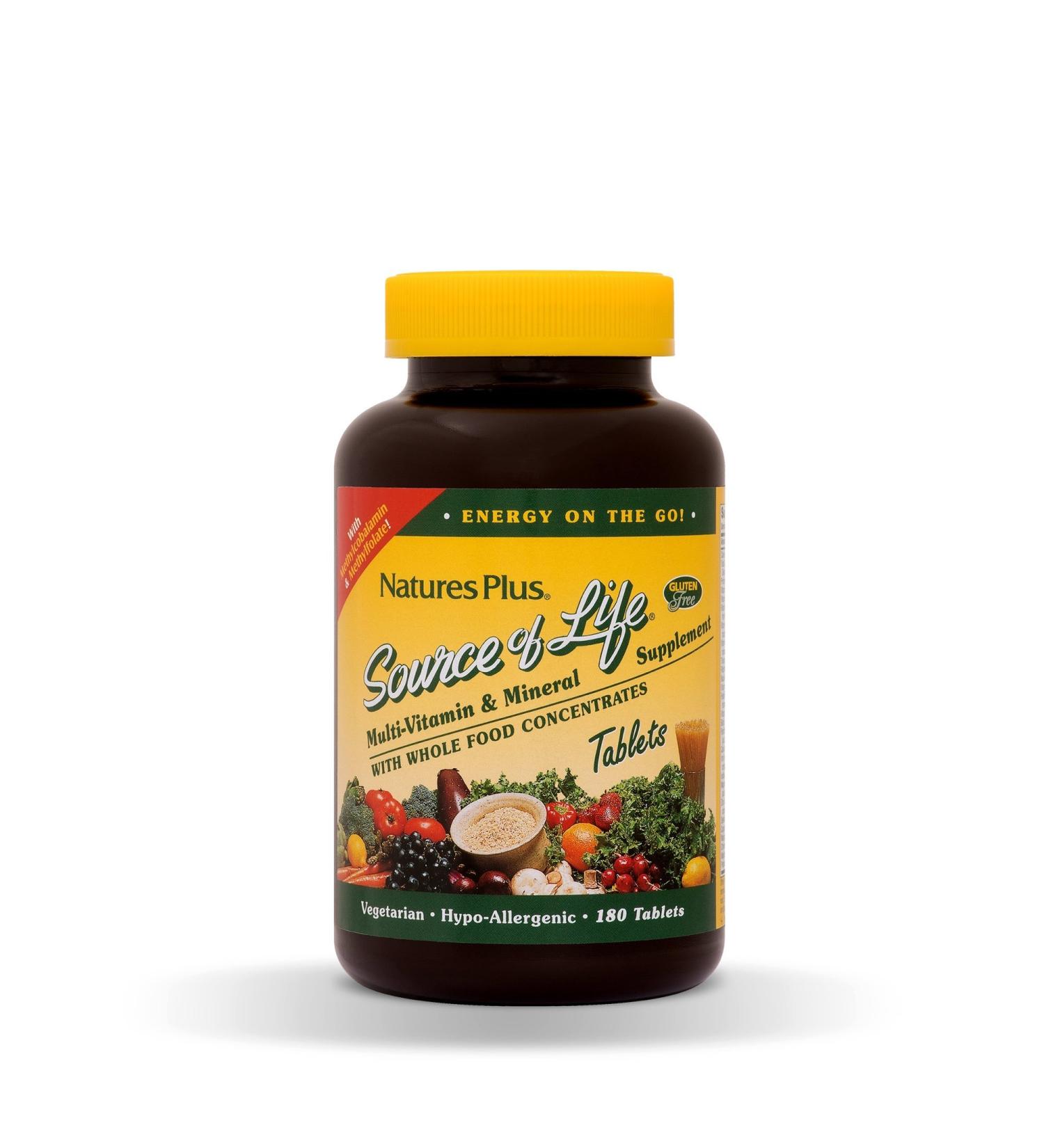 Nature's Plus Source of Life Multi-Vitamin & Mineral Supplement - 180 Tablets with Whole Food Concentrates - Buy Online on GoSupps.com