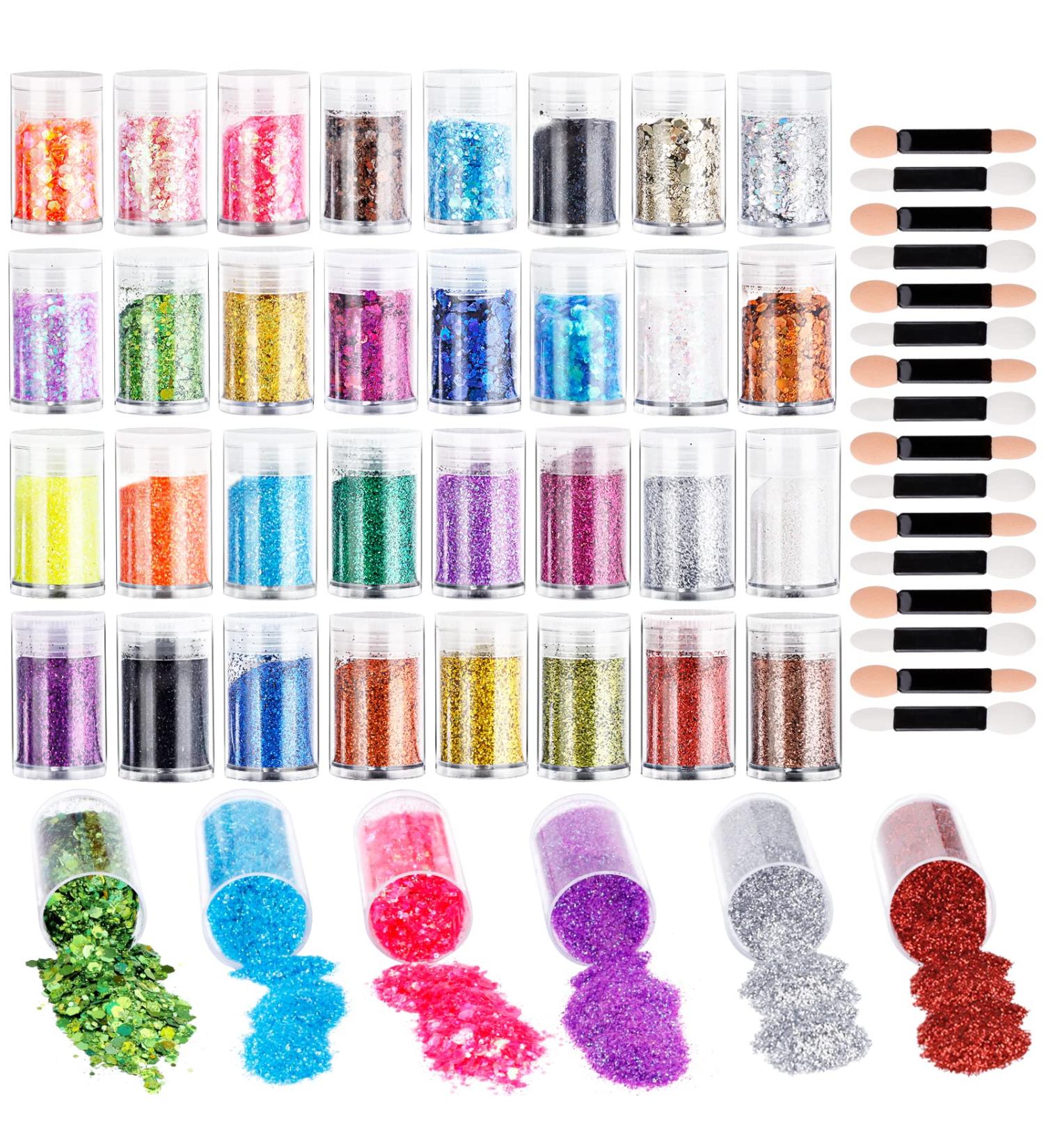 MOAMUN 32 Colors Glitter Set - Fine Glitters, Holographic Chunky Glitters for Resin, Arts, Crafts, Nail, Body, Hair, Face - Festival Makeup Sparkle Flakes Sequins - Buy Online on GoSupps.com