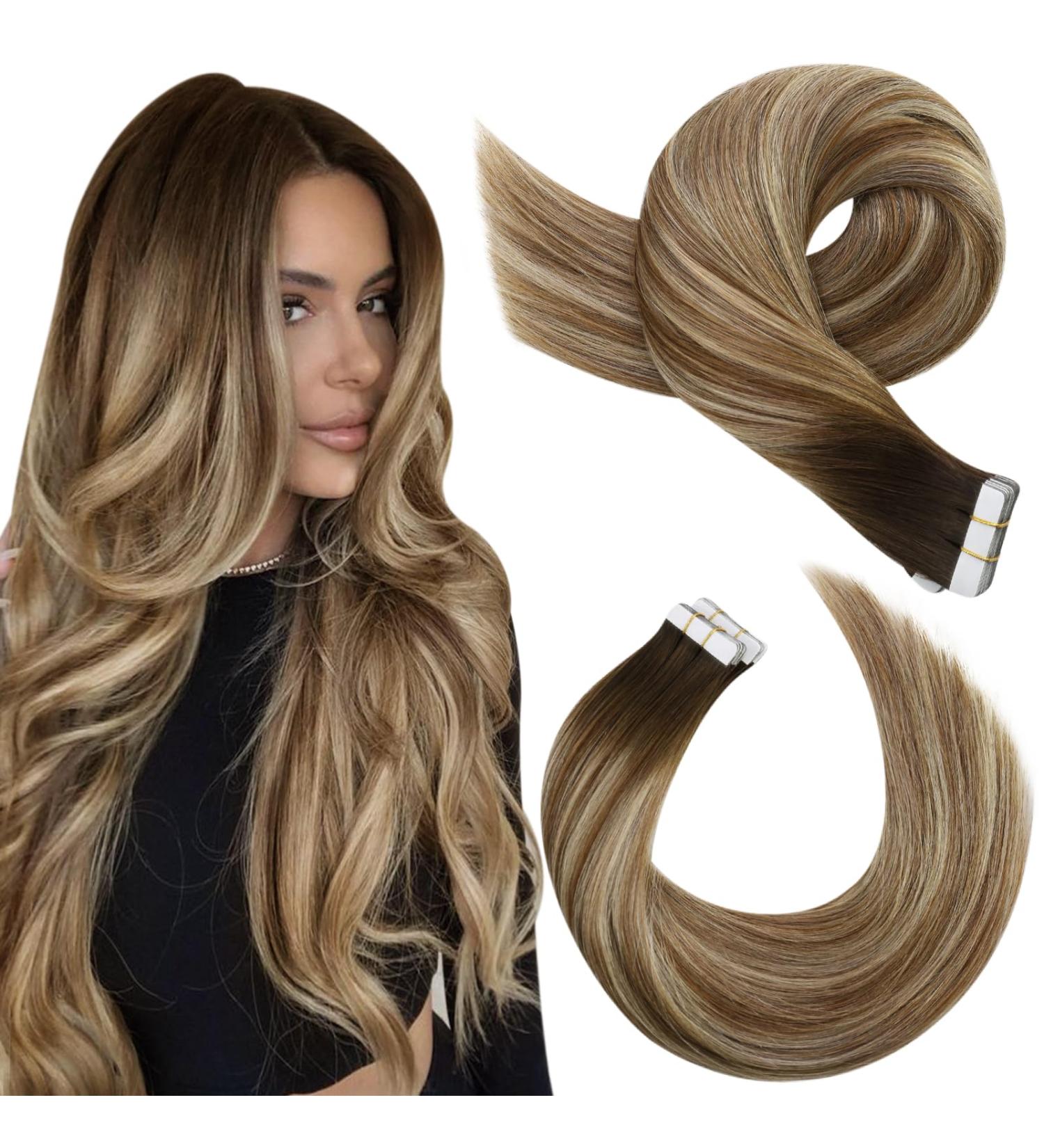 Moresoo 20 Inch Tape in Human Hair Extensions Dark Brown to Medium Brown with Platinum Blonde Highlights #4/6/613 - 20 Pieces/50g | Real Hair Seamless Tape Extensions - Buy Online on GoSupps.com