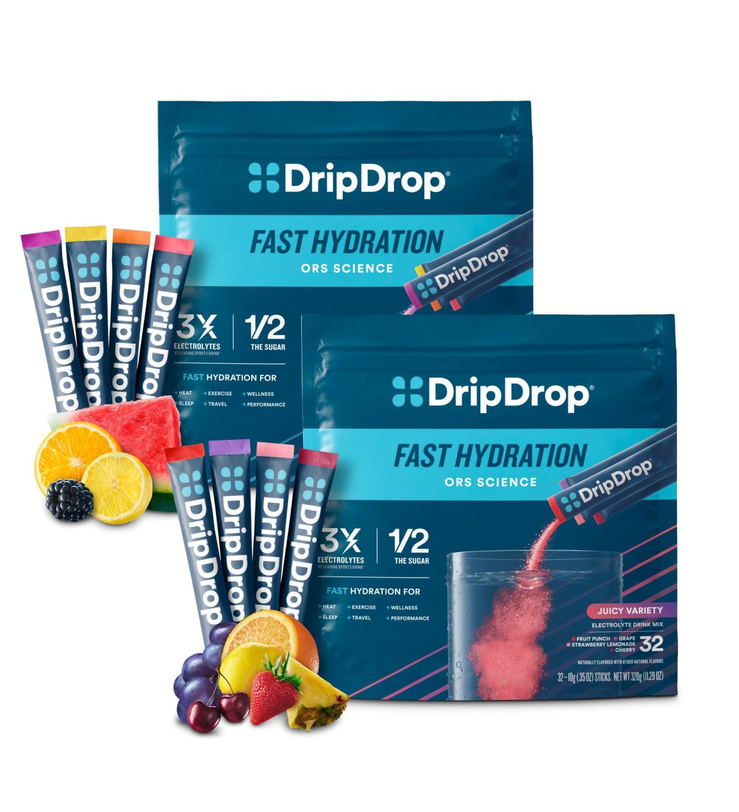 DripDrop Hydration - Electrolyte Powder Packets - Watermelon Berry Lemon Orange Fruit Punch Grape Strawberry Lemonade Cherry - 64 Count - Buy Online on GoSupps.com
