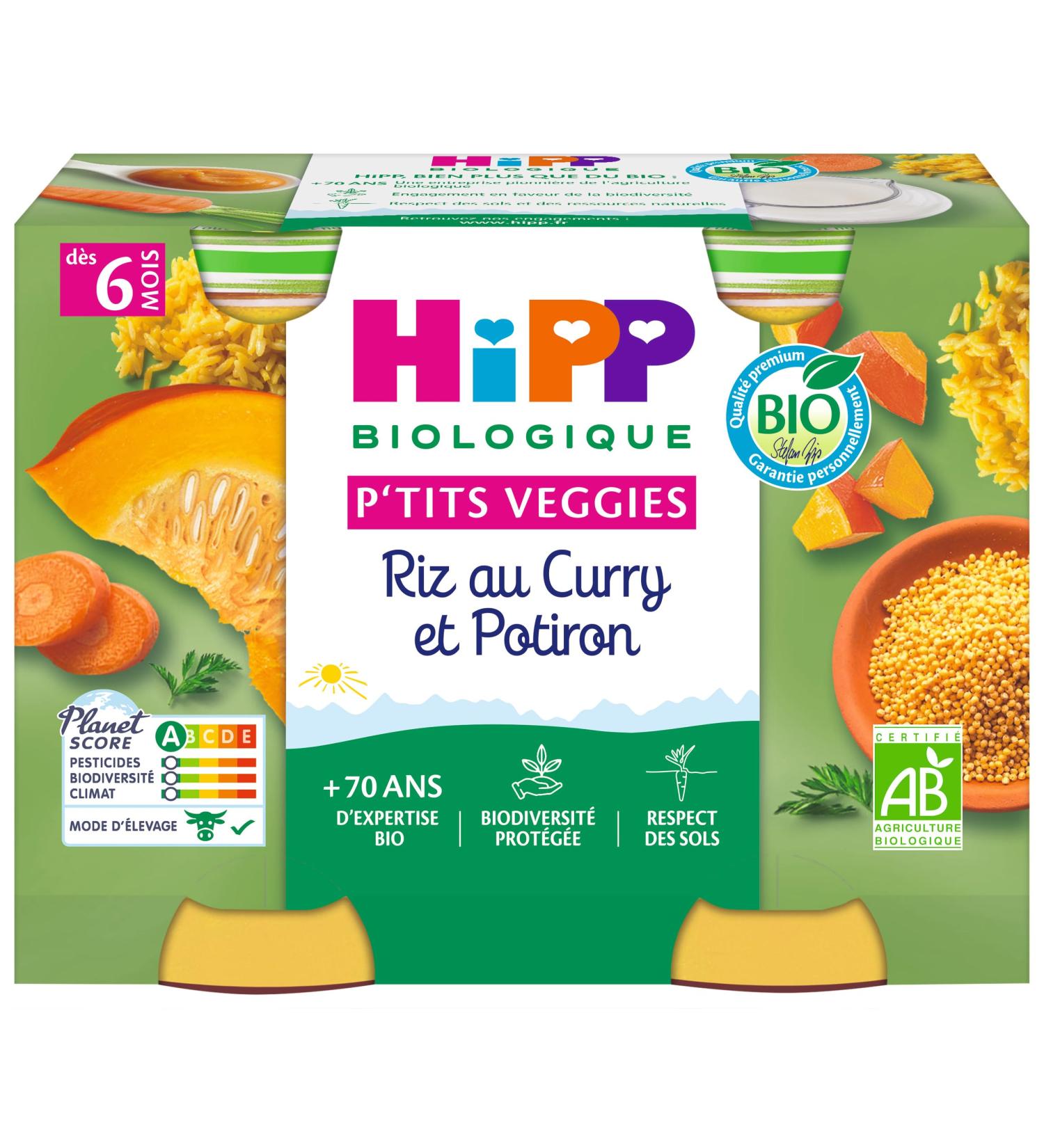 HiPP - P'tits Veggies - Riz au Curry et Potiron - Pots - 2x190 g - BIOLOGIQUE Riz au Curry et Potiron 190 g (Lot de 1)