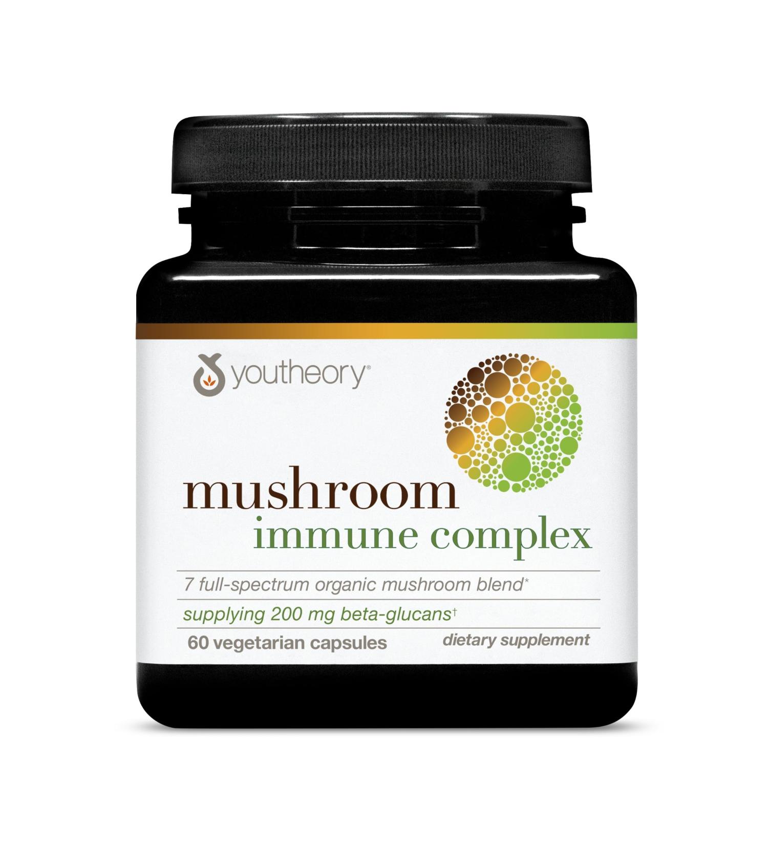 Youtheory Mushroom Immune Complex - Vegan Immune Support Supplement* - Organic Mushroom Blend with Chaga Cordyceps Lion's Mane Maitake & More - 60 Vegetarian Capsules - Buy Online on GoSupps.com