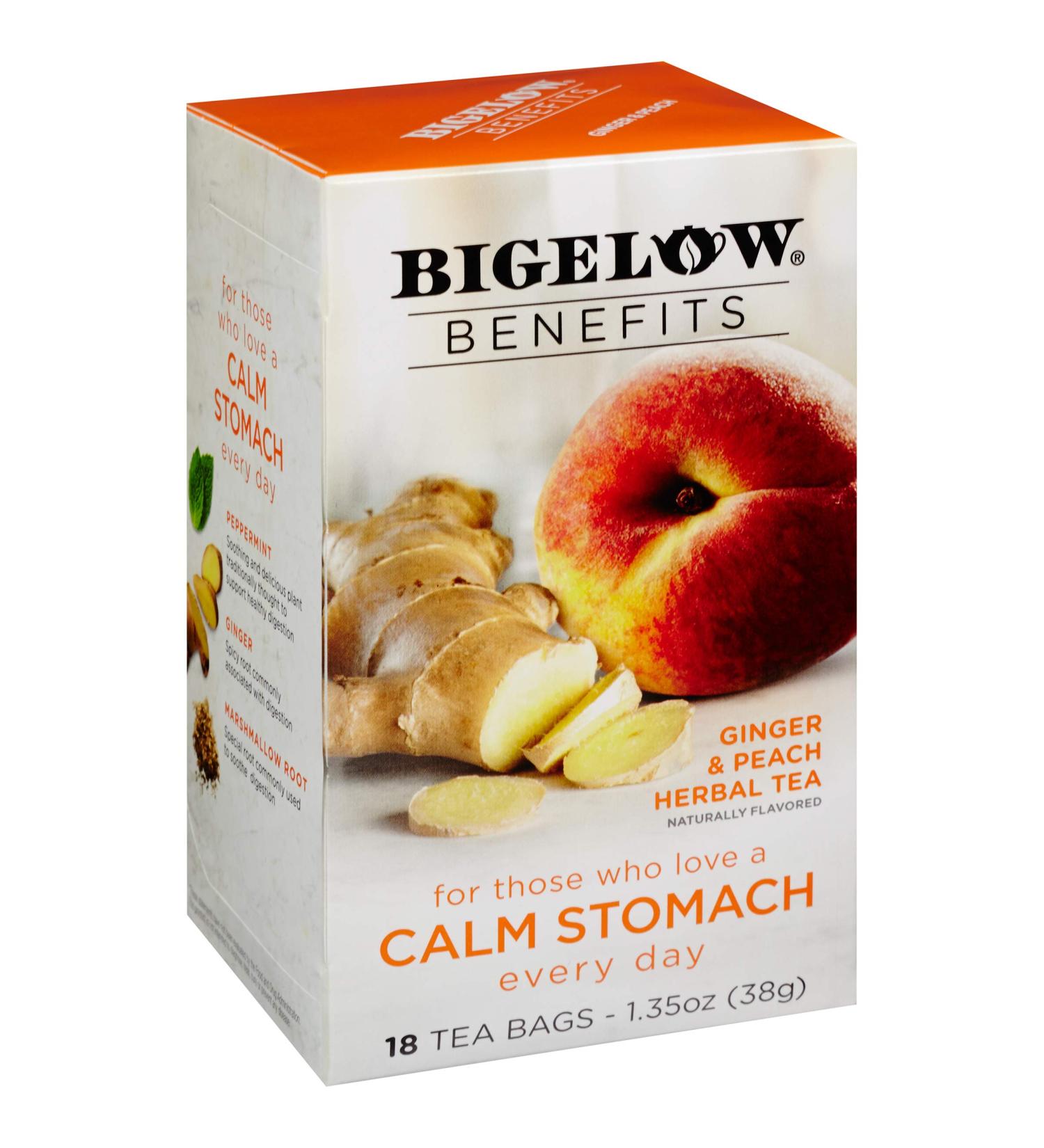 Bigelow Calm Stomach Ginger & Peach Herbal Tea - 18 Bags | Soothing Digestive Relief - Buy Online on GoSupps.com
