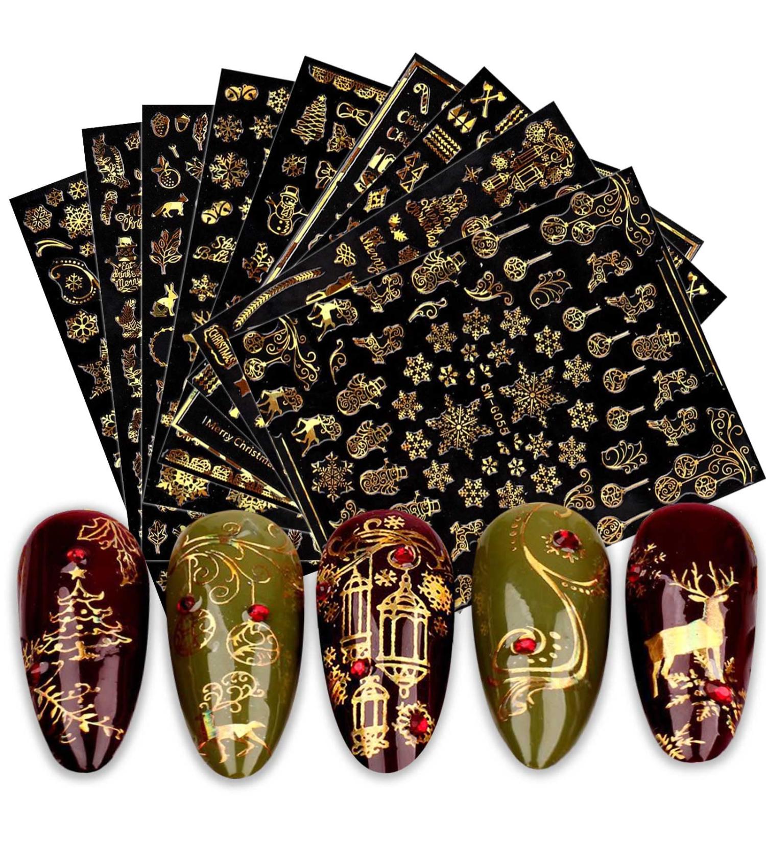 KALEFUL Christmas Nail Stickers 9 Sheets Self-Adhesive Nail Decal Snowflake Tree Elk Gold Winter Nail Art Decoration Design Supplies - Buy Online on GoSupps.com