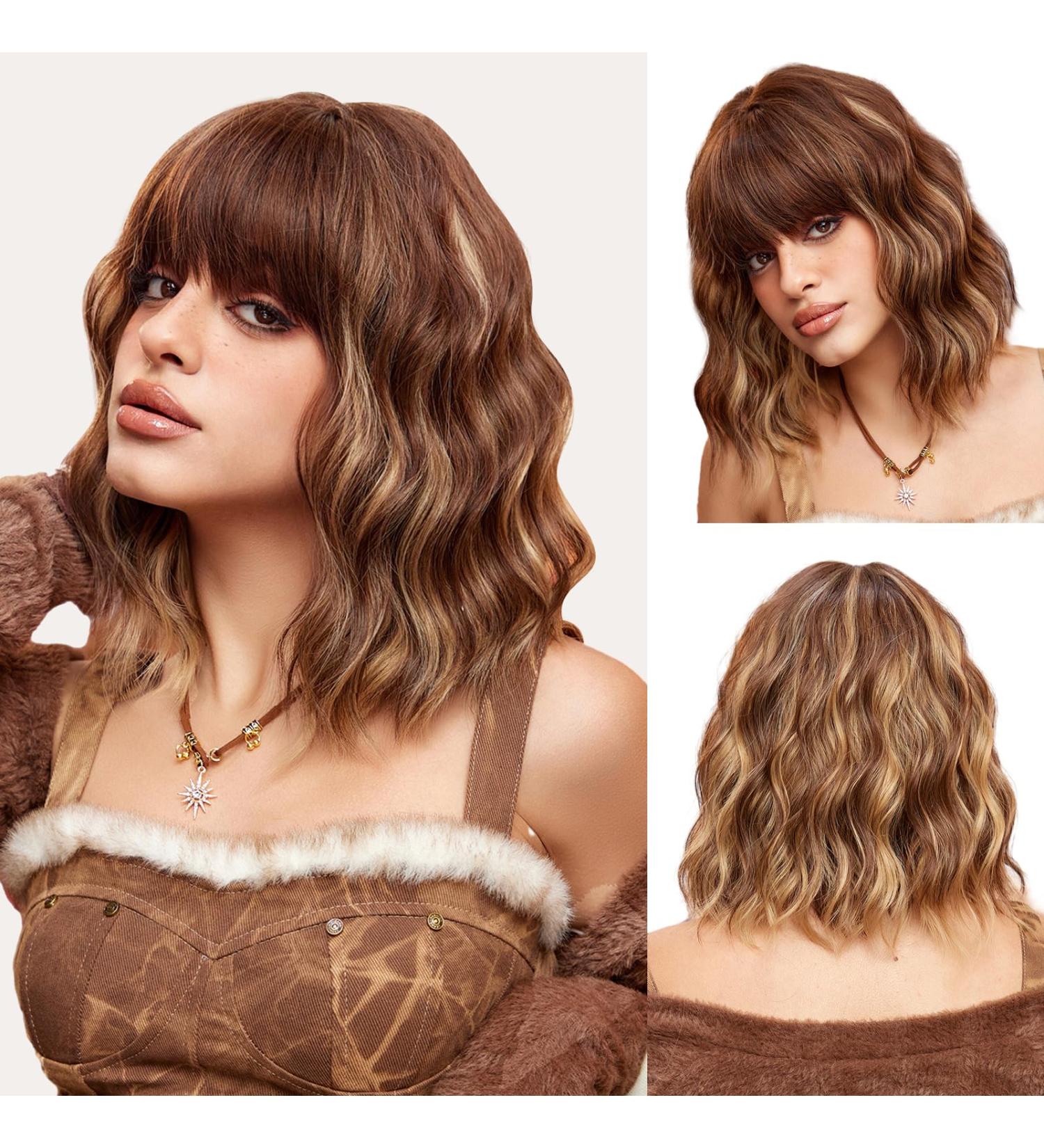 OUFEI Brown Mixed Blonde Wigs for Women Short Wavy Wig With Bangs Natural Synthetic Hair Heat Resistant Wigs for Daily Party Cosplay Wear - Buy Online on GoSupps.com
