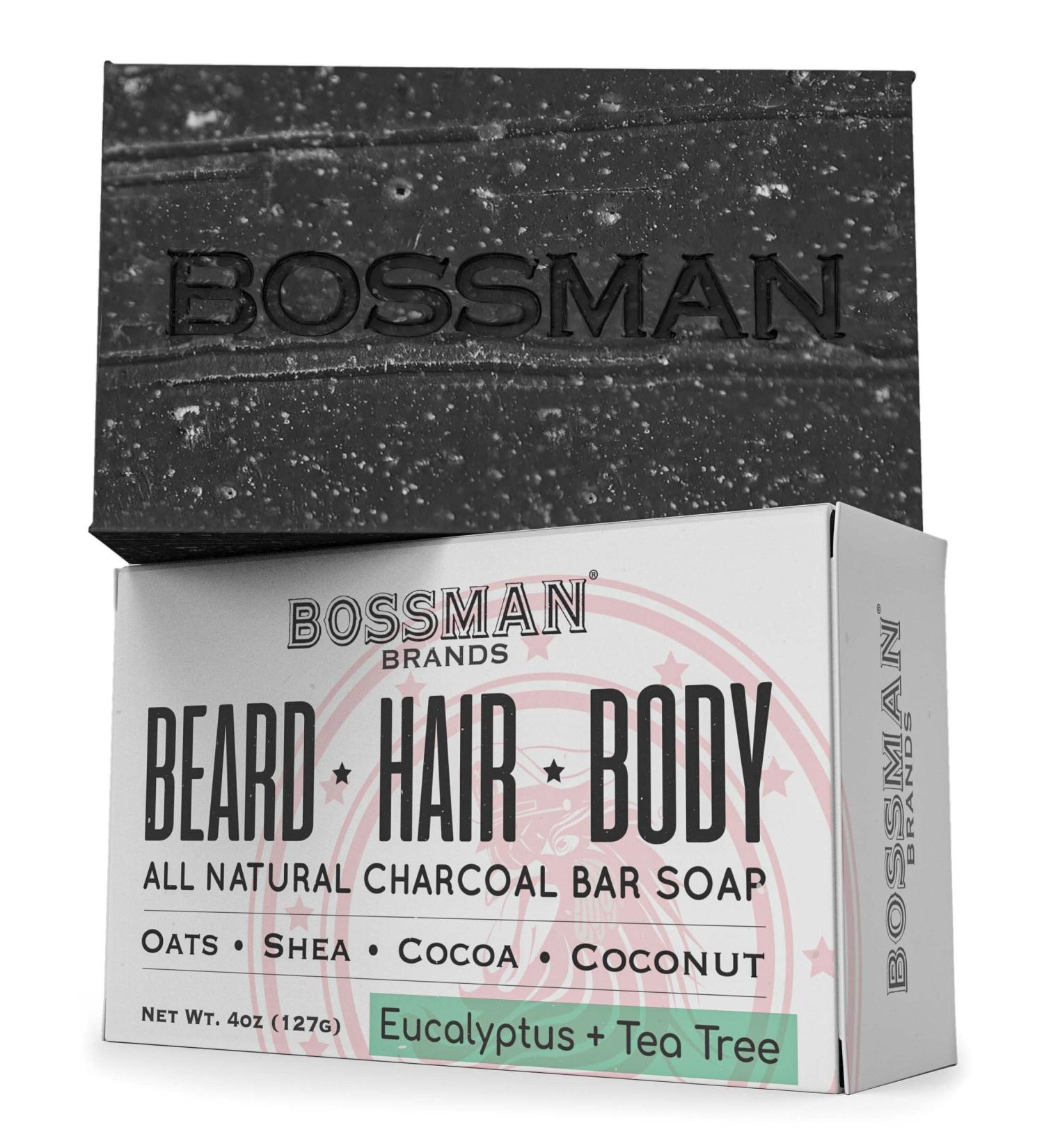 Bossman 4-in-1 Men's Bar Soap - Organic Beard Wash, Shampoo, & Body Wash - Eucalyptus & Tea Tree (4oz) - Buy Online on GoSupps.com