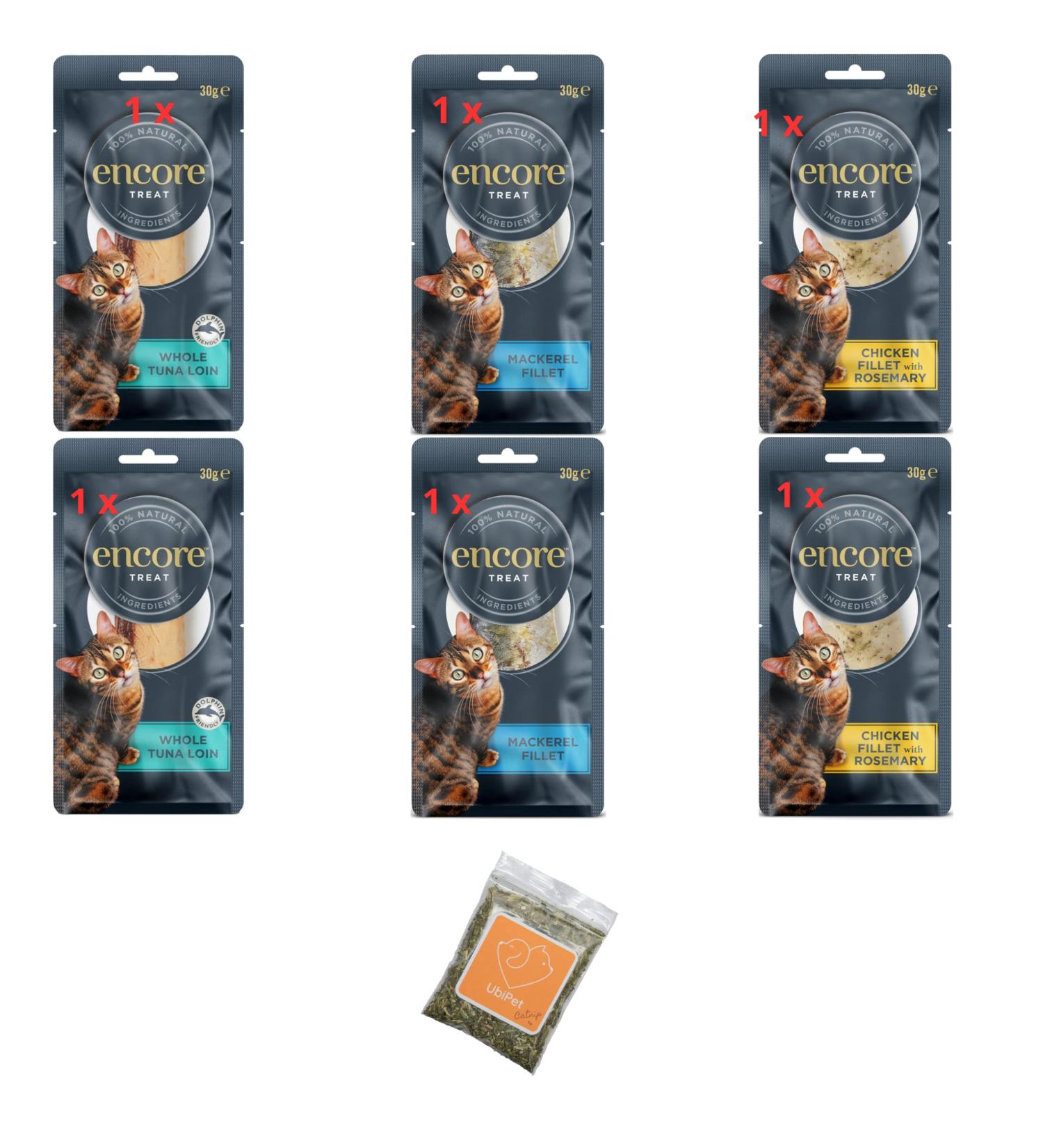 Cat Meaty Treats Bundle Including Encore Tuna Loins Chicken and Tuna Fillets pack of 6x30g Natural Product and Ubipet Catnip 5g - Buy Online on GoSupps.com