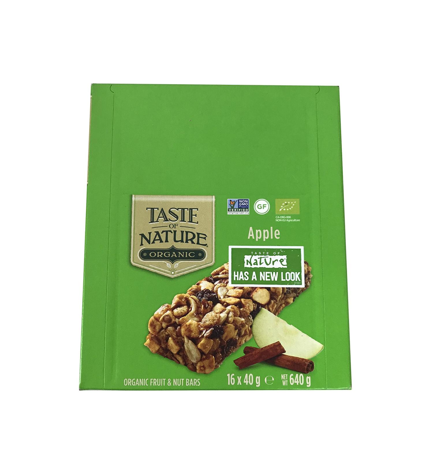 Taste of Nature Organic Apple Snack Bar - Healthy Gluten Free Non GMO Vegan Snack Bars with Mixed Nuts Fruits and Seeds - 16-Count Snack Pack