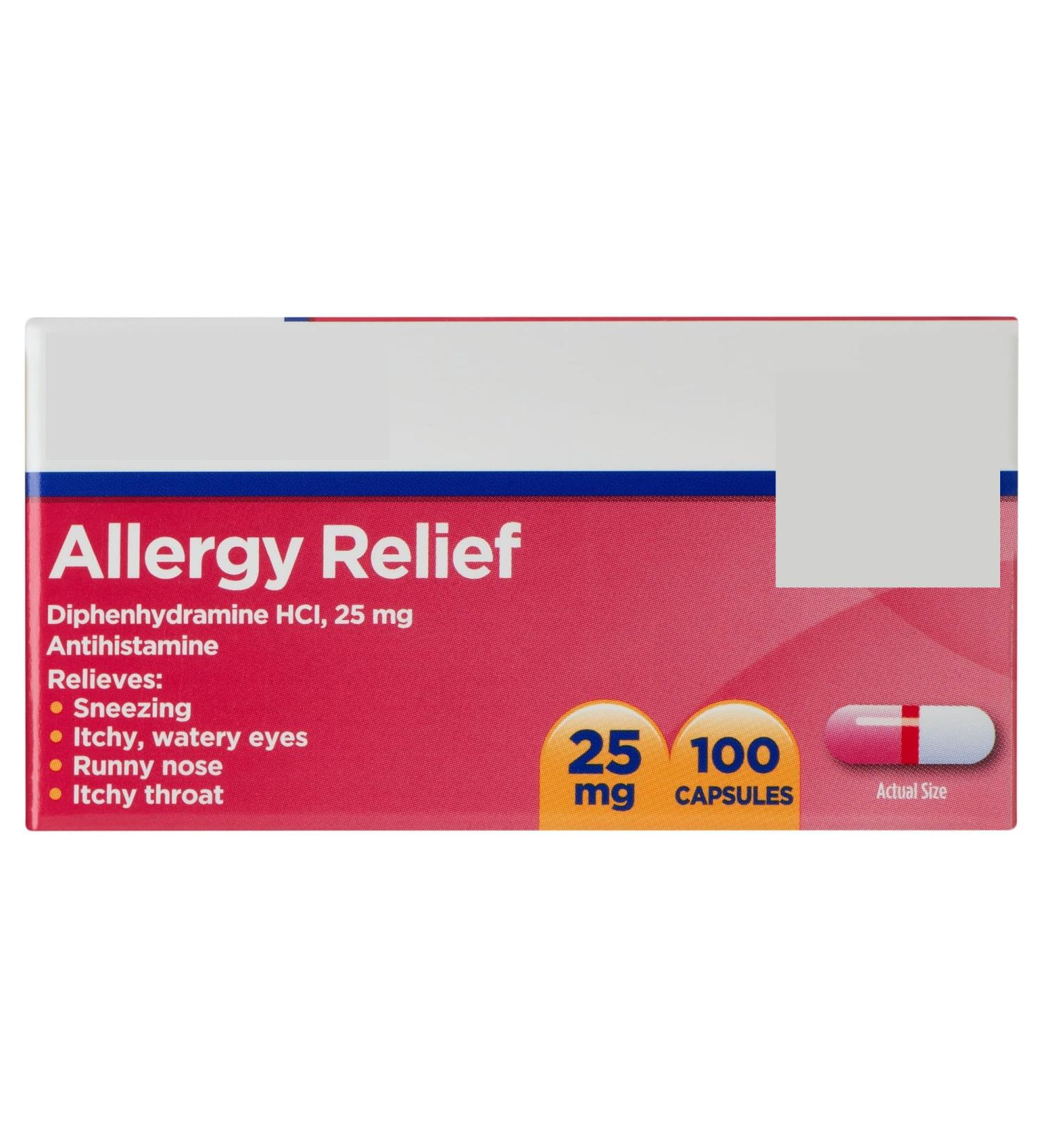 SEDLAV Allergy Relief Diphenhydramine HCl 25mg Antihistamine Capsules 100 Count Active Ingredient Sticker