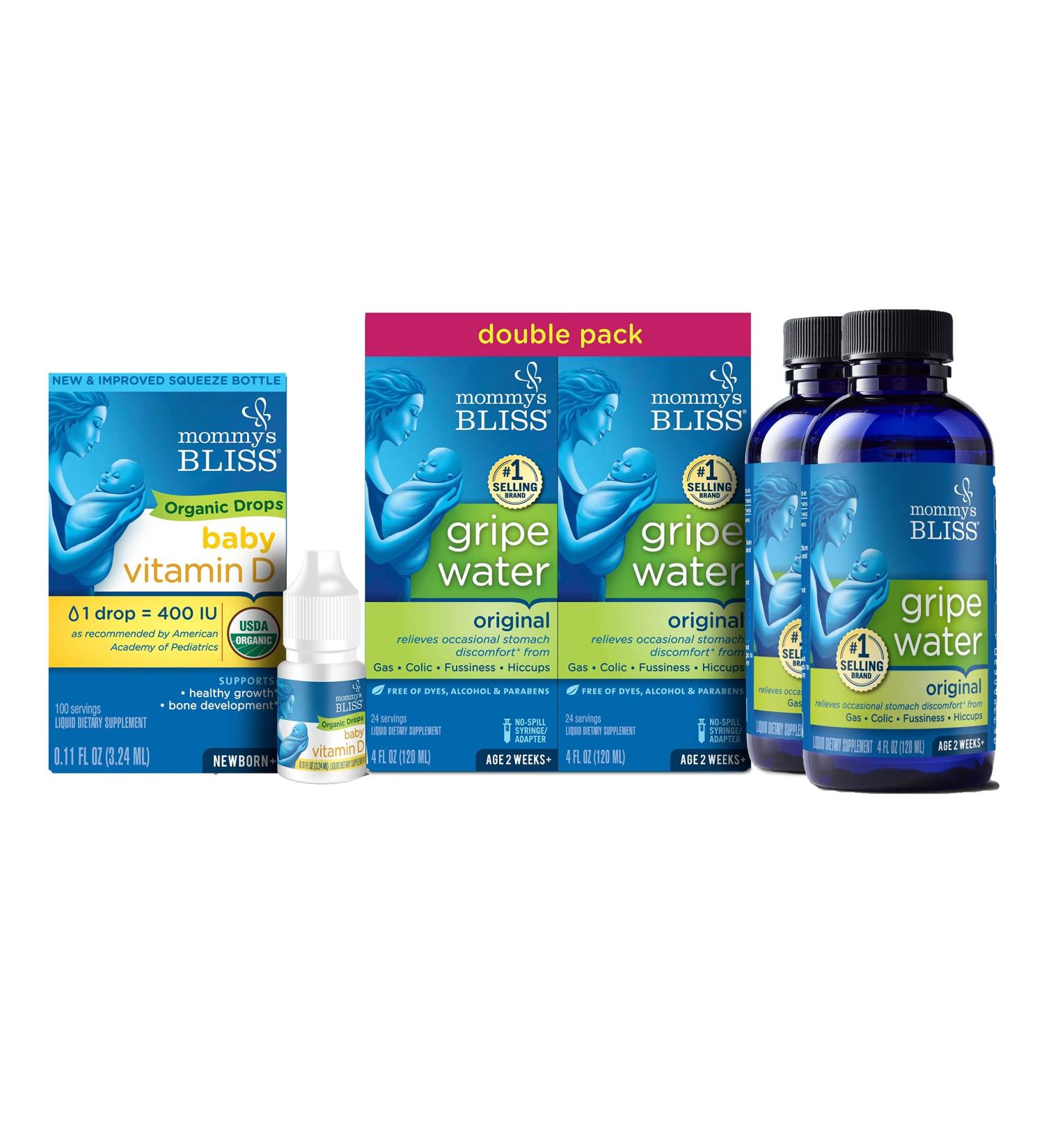 Mommy's Bliss Organic Baby Vitamin D Drops 100 Servings (Pack of 1) with Gripe Water Original 4 Fl Oz (Pack of 2) Baby Vitamin D Drops + Gripe Water