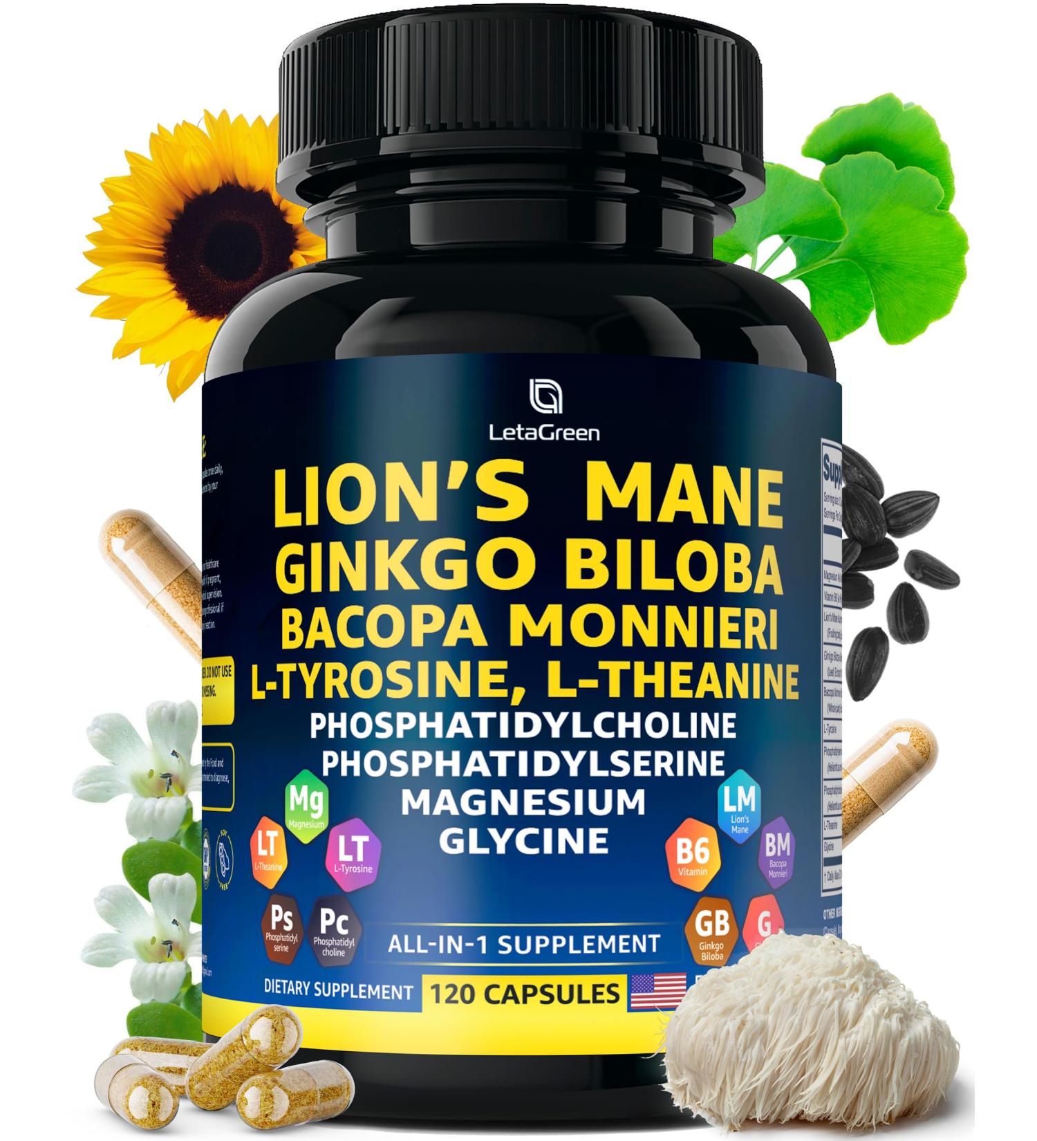 Organic Lions Mane Supplement Capsules - 120 Real Mushrooms Lion's Mane Capsules with Ginkgo Biloba Herb Bacopa Monnieri L Theanine L Tyrosine - Mushroom Complex for Daily Wellness 120 Count (Pack of 1) - Buy Online on GoSupps.com