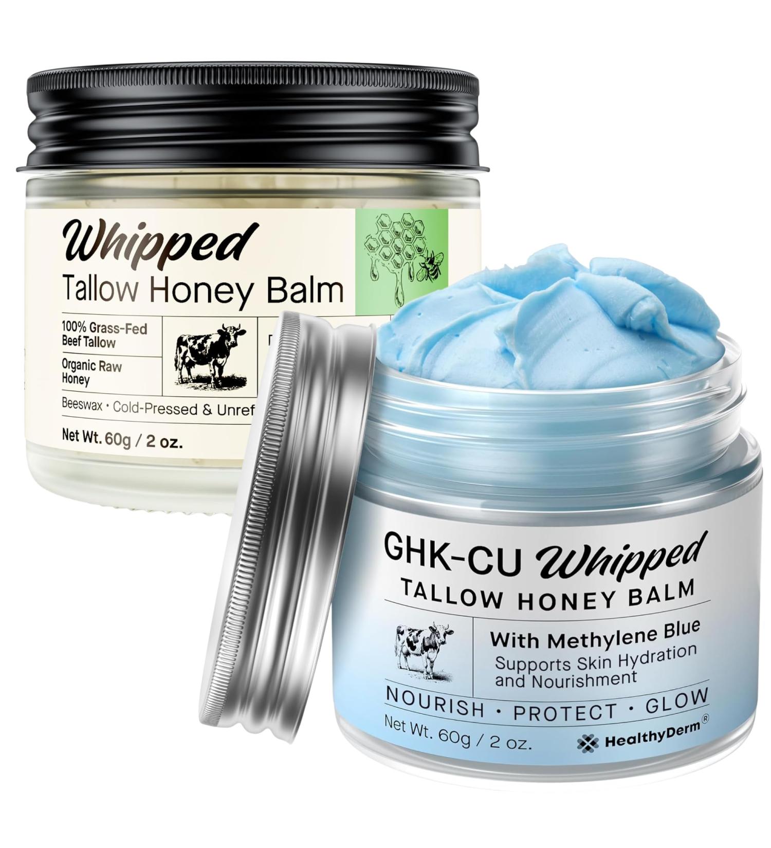 HealthyDerm Beef Tallow Balm Duo Copper Peptide Blue Balm + Honey Tallow Moisturizer Natural Face & Body Care for Dry Mature & Sensitive Skin 4oz Total - Buy Online on GoSupps.com