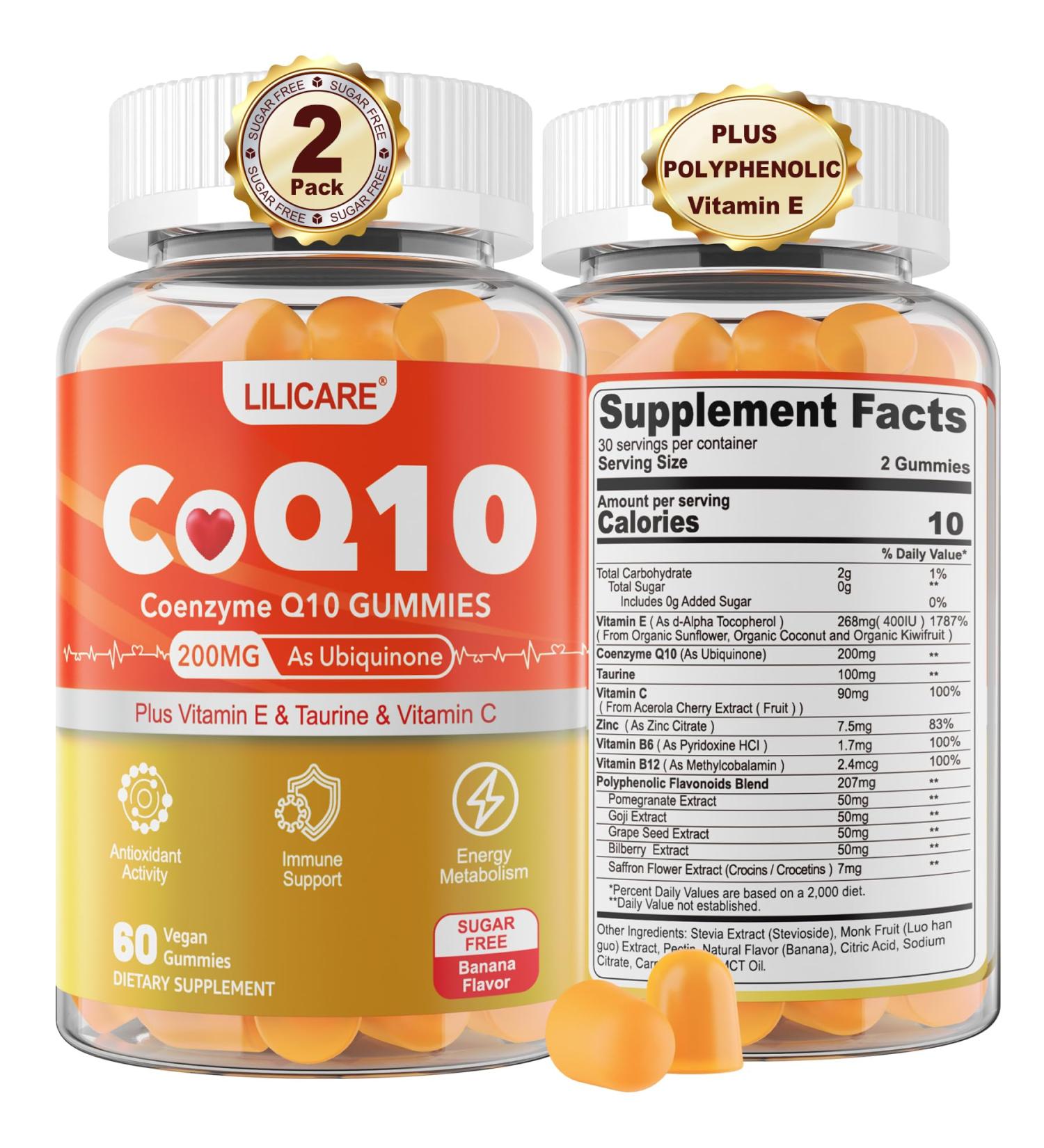 CoQ10 200mg Gummies - Sugar-Free Coenzyme Q10 with Taurine Vitamins E & C B6 B12 Zinc | Vegan Antioxidant for Heart Immune & Brain Health - 120 Count - Buy Online on GoSupps.com