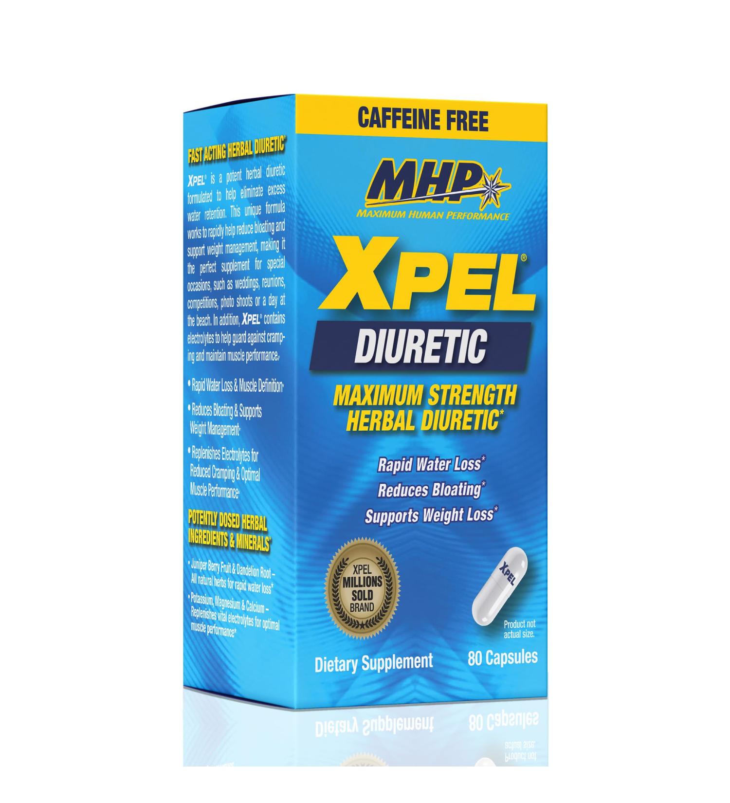 MHP Xpel Maximum Strength Diuretic Water Pills Water Retention Relief & Weight Loss Support Caffeine-Free with Vitamin B6 Potassium & Dandelion Root 80 Capsules - Buy Online on GoSupps.com