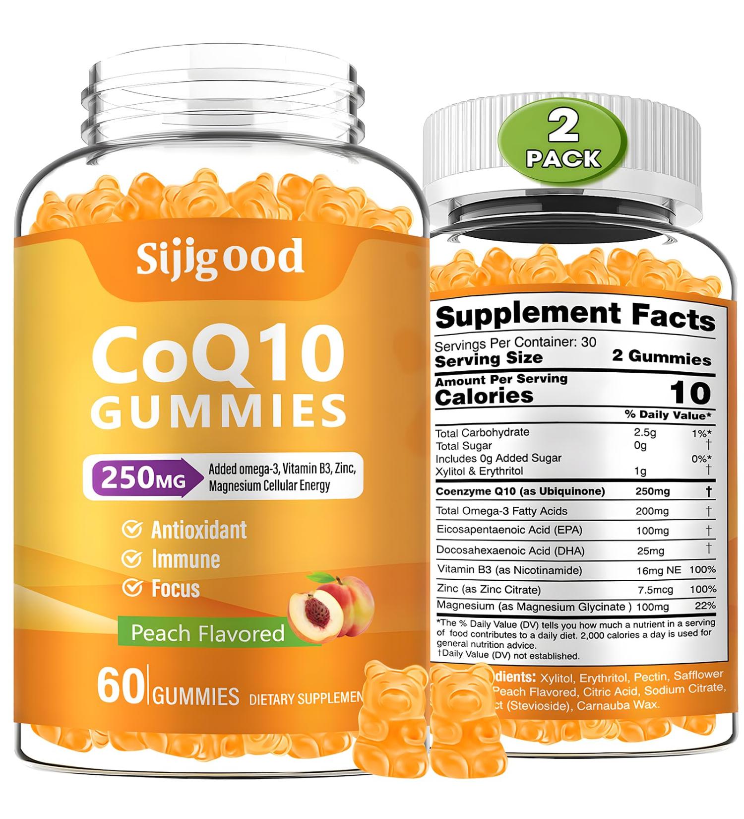 2 Pack CoQ10 Gummies, Plus Omega-3, Vitamin B3 and Zinc, Magnesium, 5X High Absorption Coenzyme Q10 Supplements, q10 for Boost Cellular Energy, Potent Antioxidant & Brain, Peach Flavor, 120 Cts Peach 60 Count (Pack of 2) - Buy Online on GoSupps.com