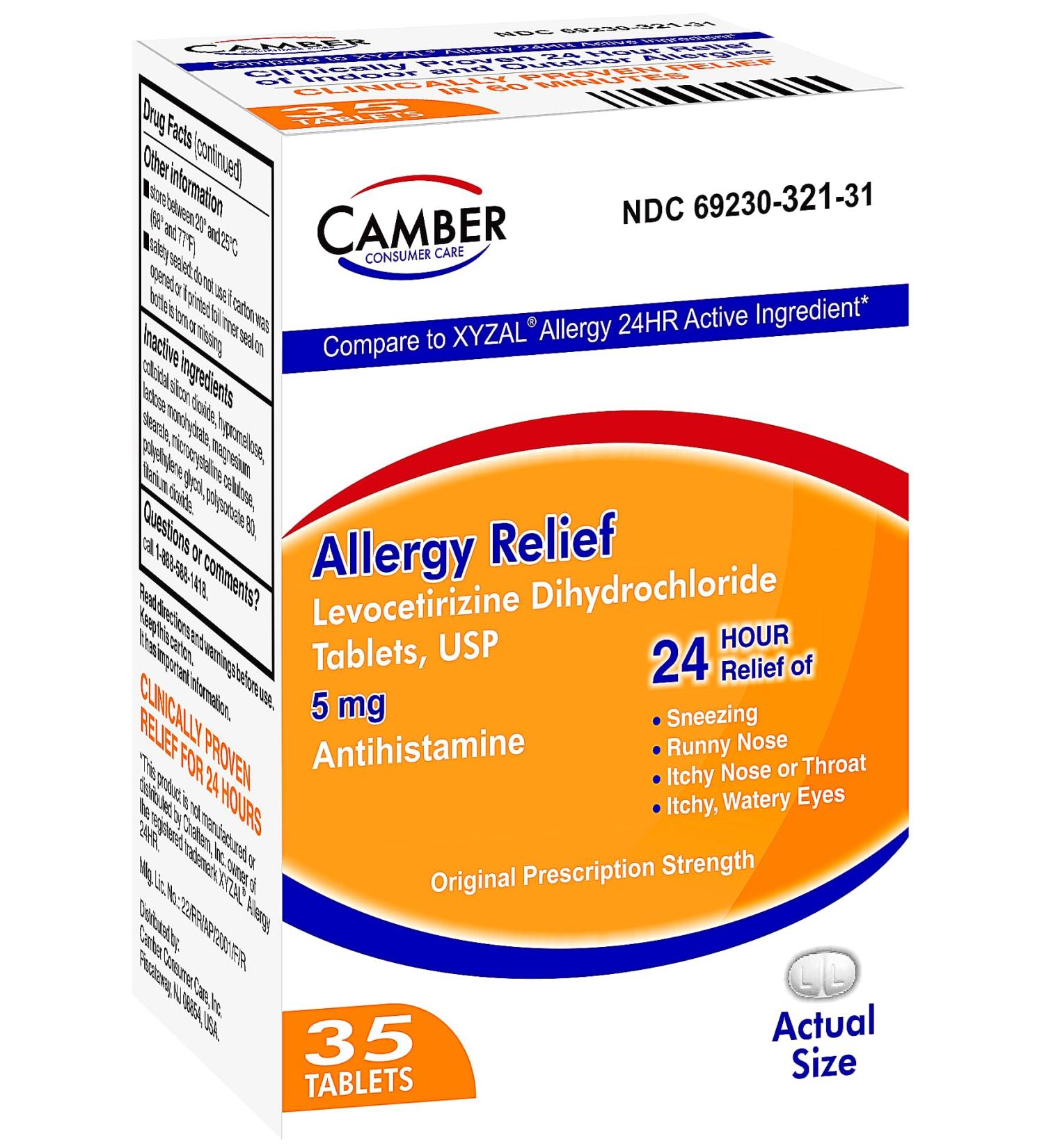 Camber Consumer Care Levocetirizine Dihydrochloride 5mg Antihistamine Tablets Generic Xyzal Allergy 24 Hour Allergy Relief Medicine (35 Count) - Buy Online on GoSupps.com