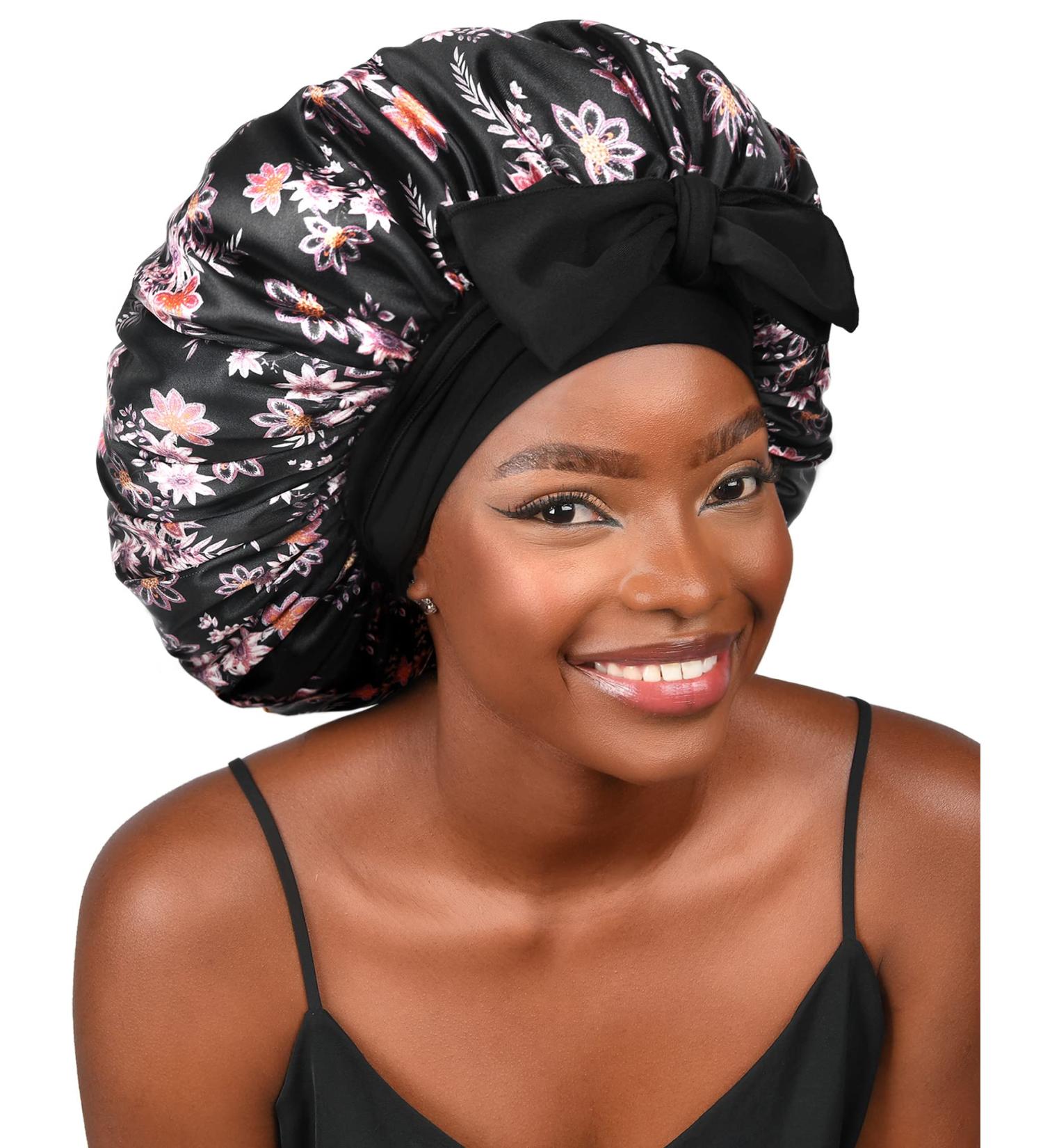 YANIBEST Silk Bonnet for Sleeping - Double Layer Satin Sleep Cap for Curly Natural Hair - Large Black Floral - Buy Online on GoSupps.com