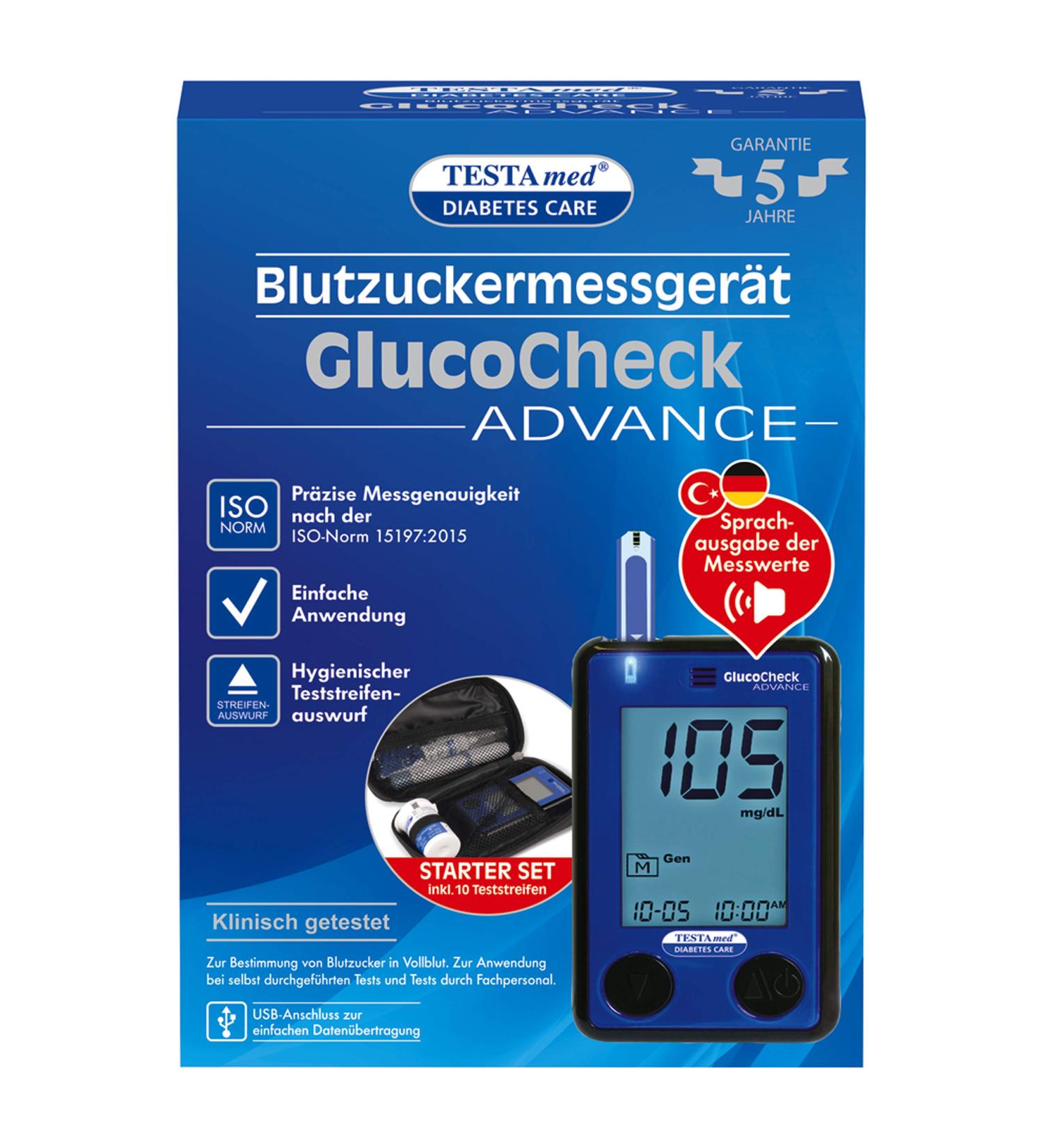 Testamed Glucocheck Advance: Fast & Safe Blood Sugar Measuring Device with Test Strips & Lancet - Buy Online on GoSupps.com